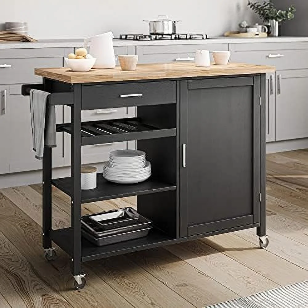 HYHBIBOOM Modern Rolling Kitchen Island Utility Cart with  Drawer   Cabinet  Handle Towel Rack  Rubber Wood Top  and Caster Wheels - Sonoma (Black)