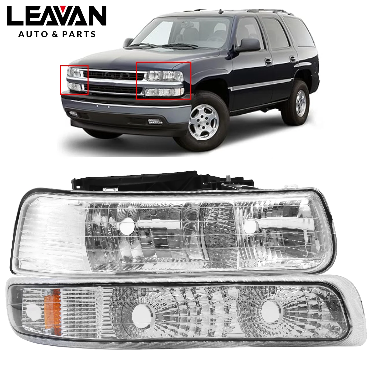 LEAVAN Headlight Assembly Fit For 1999-2002 Chevy Silverado/2000-2006 Chevy Tahoe Suburban with Bumper Lights, Chrome Housing