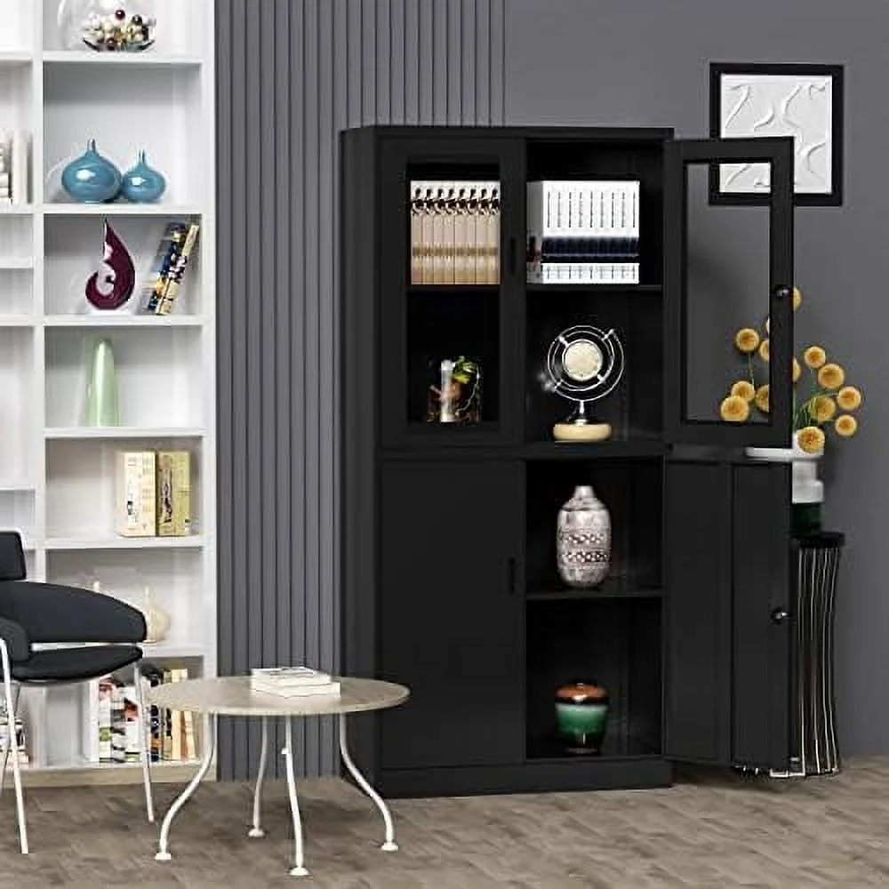 SQYTHGB Glass Display Cabinet Curio Cabinet with Glass Door and Adjustable Shelves  71" Tall Freestanding Steel Kitchen Pantry Cabinet Bookcase Metal Locker  Cabinet for Home  Living