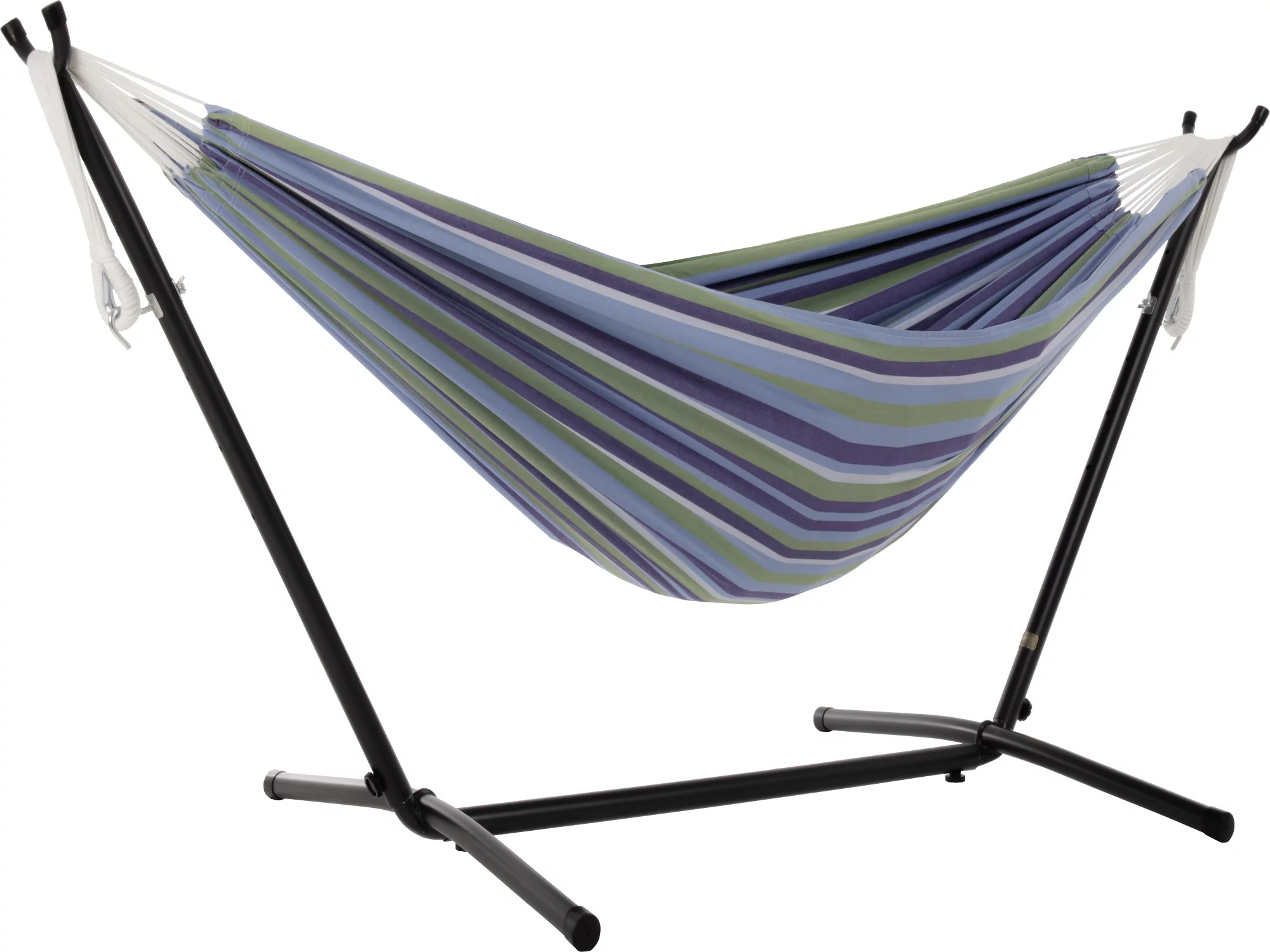 The Hamptons Collection 110” Blue Striped Brazilian Style Hammock with a Steel Hammock Stand