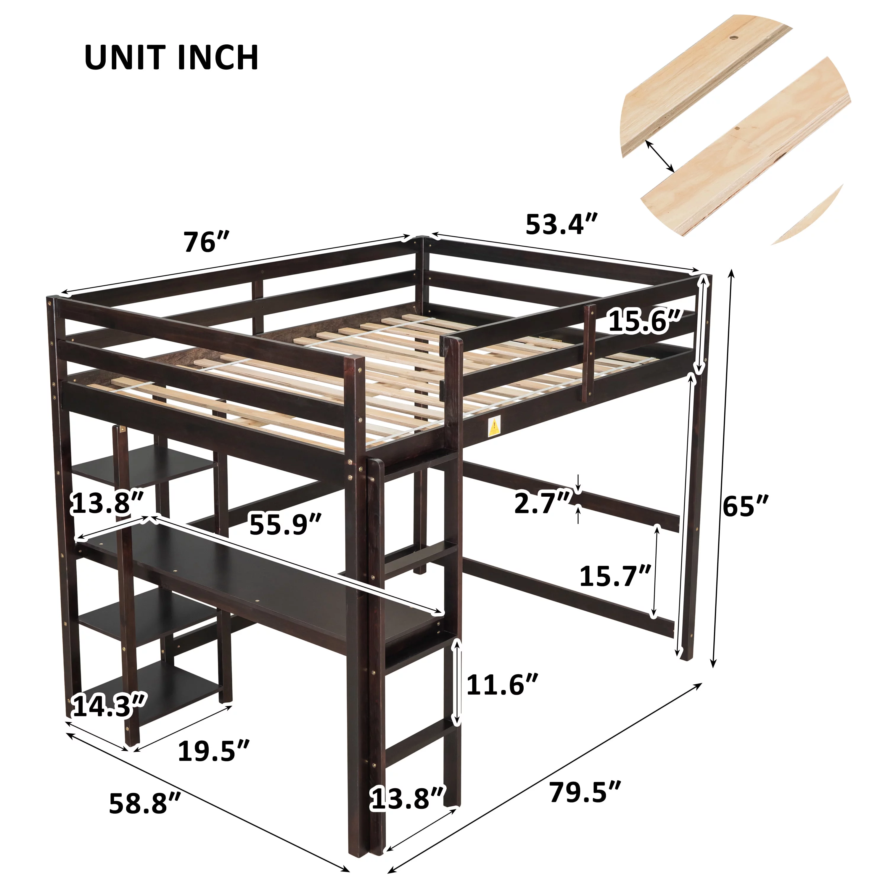 DeeHome Full Loft Bed with Desk and Shelves,Espresso
