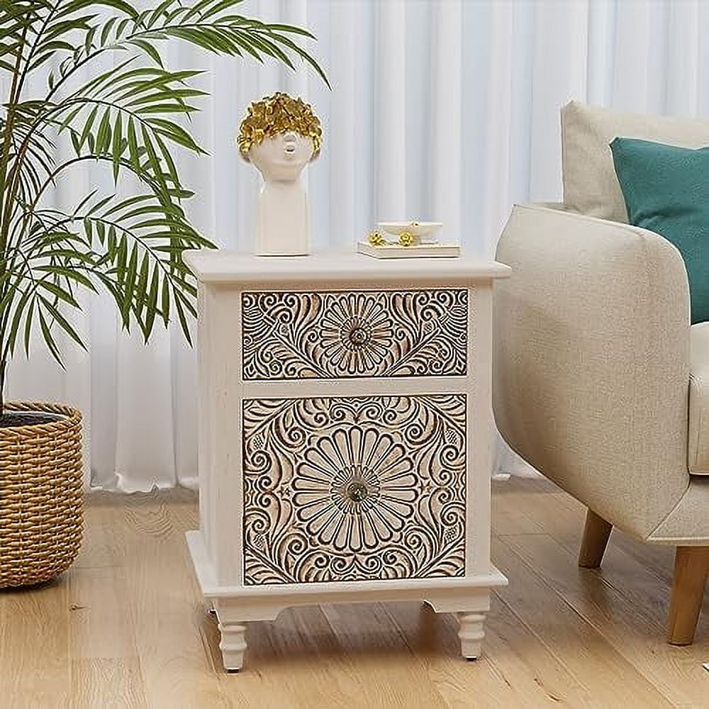 GVJMTKP Vintage End Table  Round Nightstand with Drawers  20 Inch MDF  Cabinet  3 Drawer Chest  Carving Wooden Bedside Table for Bedroom Living Room