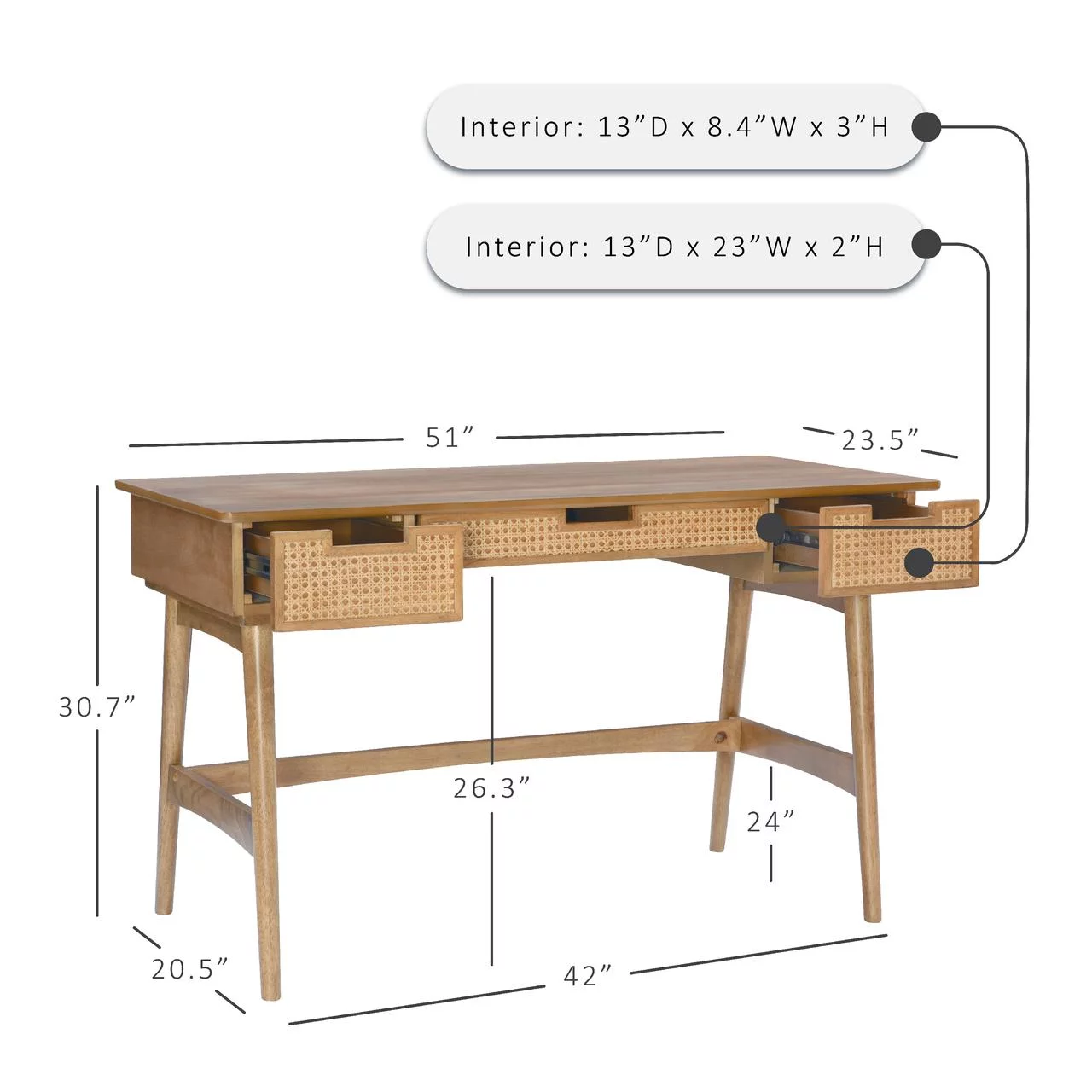 Linon Renda 3-Drawer Rattan Writing Desk, 51