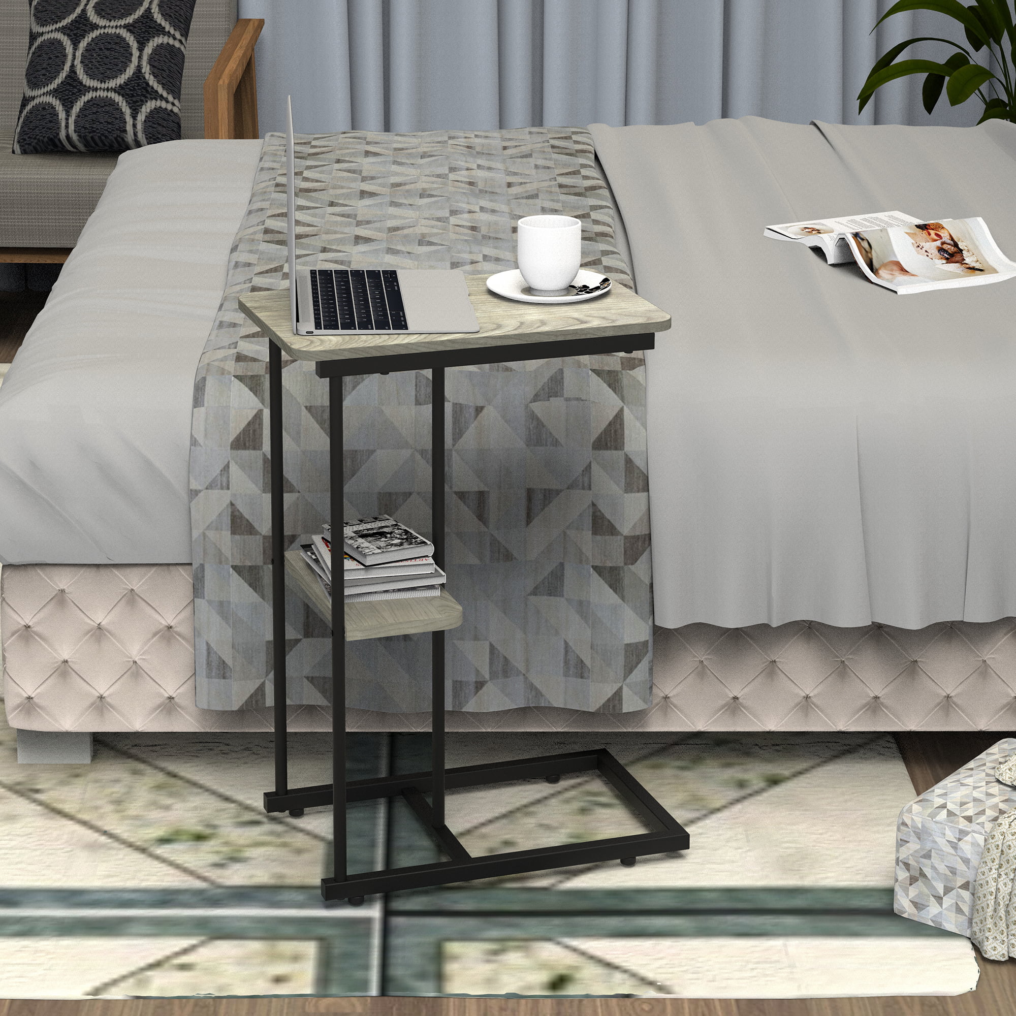 Side Table, Natural Bed Sofa Snack End Table with Storage Basket Portable Laptop Holder Snack Table Sofa Side Table Wood Look Accent Table