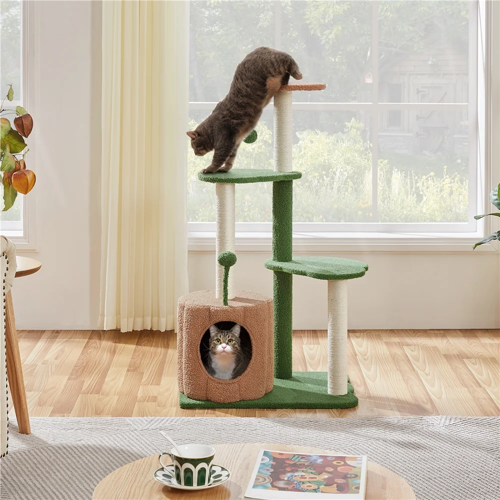 Yaheetech 42'' H Cat Tree Tower with Natural Sisal Scratching Posts, Green/Brown