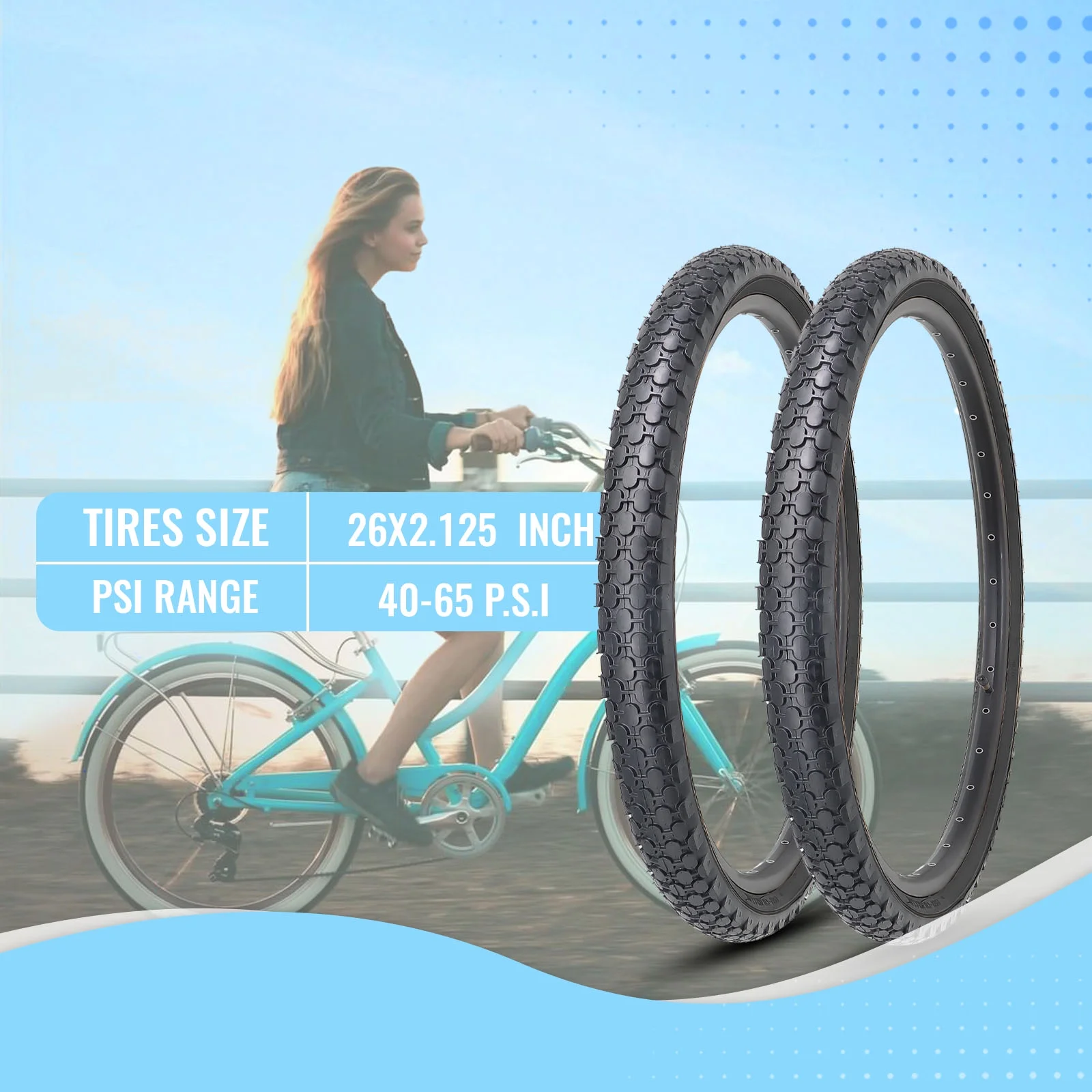 MOHEGIA Beach Cruiser Bike Tires Replacement Kit with 26 x 2.125 Inch Folding Bicycle Tires,Inner Tubes and Tire Levers (2 Packs)