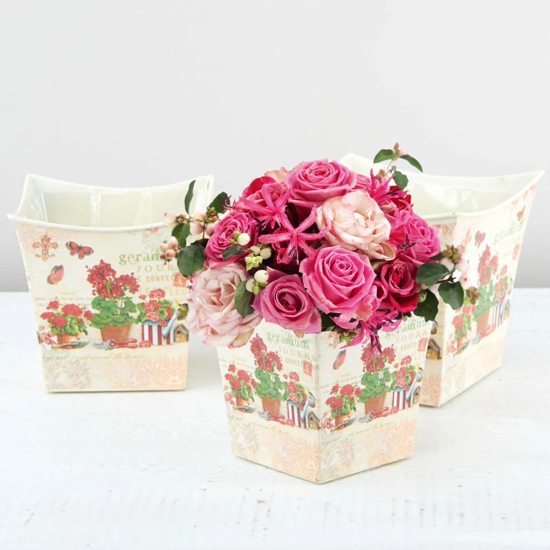 3 Piece Red Geranium Print Tin Square Planter Set - For Spring Floral Arrangements, Centerpieces and Home Decor