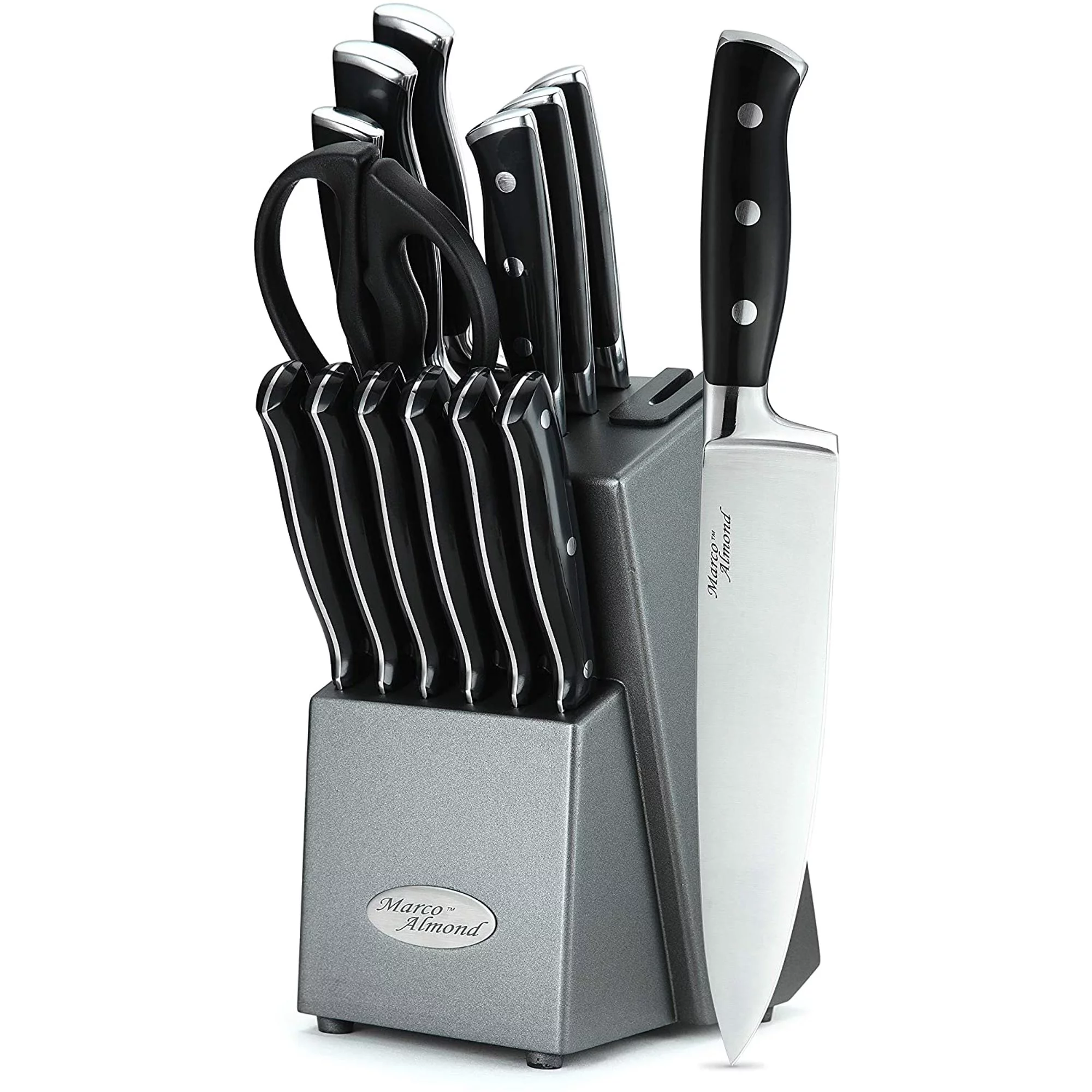Knife Set with Block, Marco Almond KYA31 14-Piece German Stainless Steel Kitchen Knives Block Set with Built-in Sharpener, Black