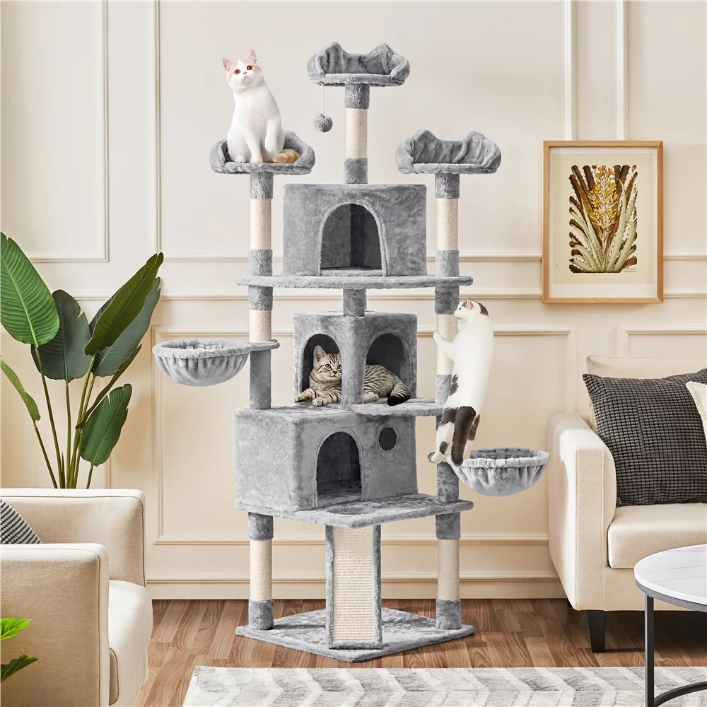 Easyfashion 76.5inch Large Cat Tree Tower with 3 Condos, Light Gray