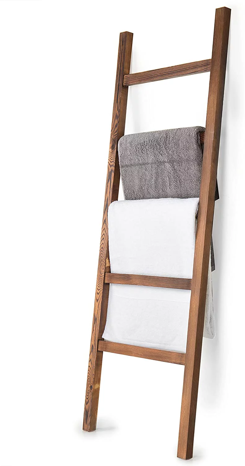 MyGift 4.5 Foot Brown Wood Blanket Quilt Ladder Rack