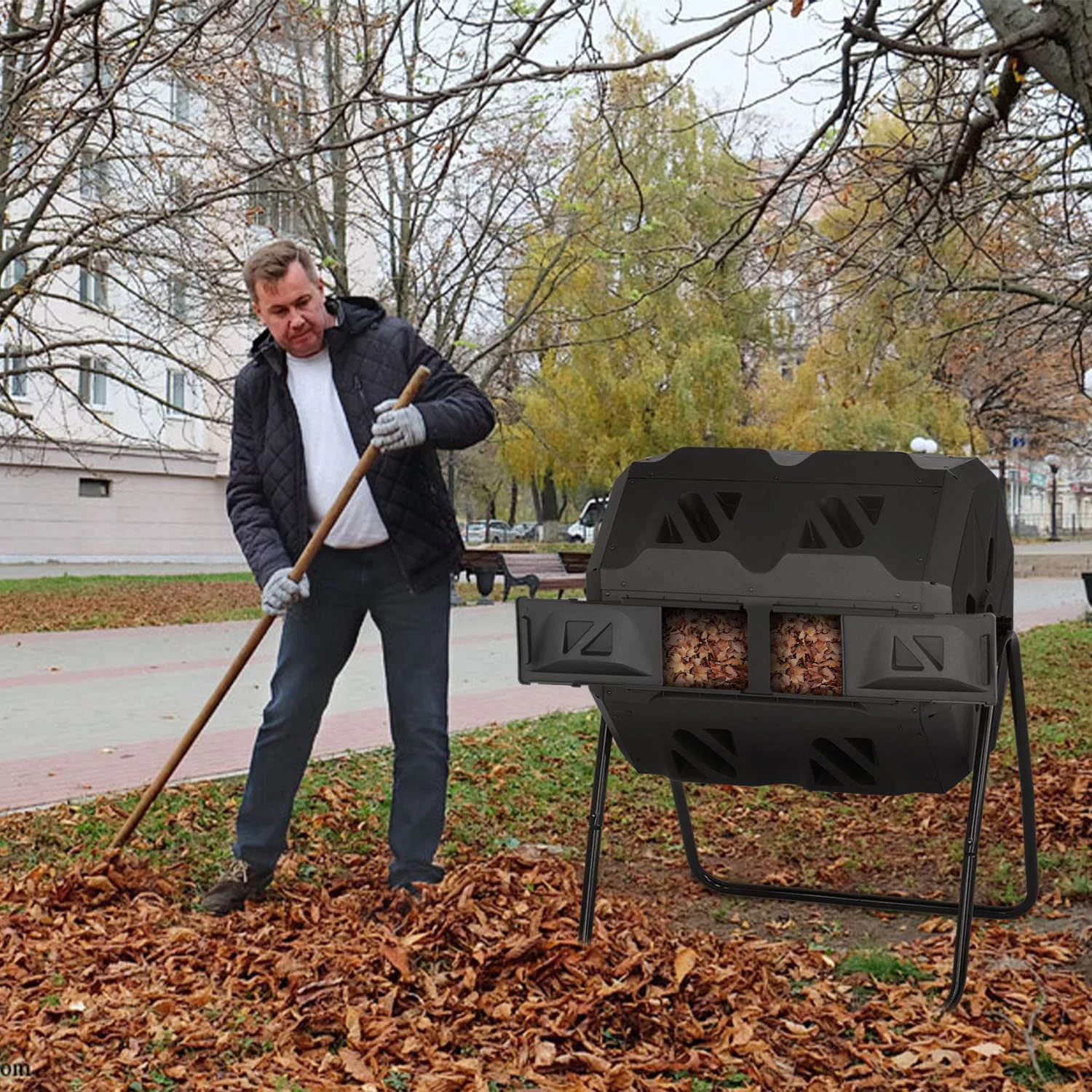 NiamVelo 43 Gallon Durable Tumbling Compost Bin Outdoor Compost Tumbler Bucket with Dual Rotating Chamber, Black Door