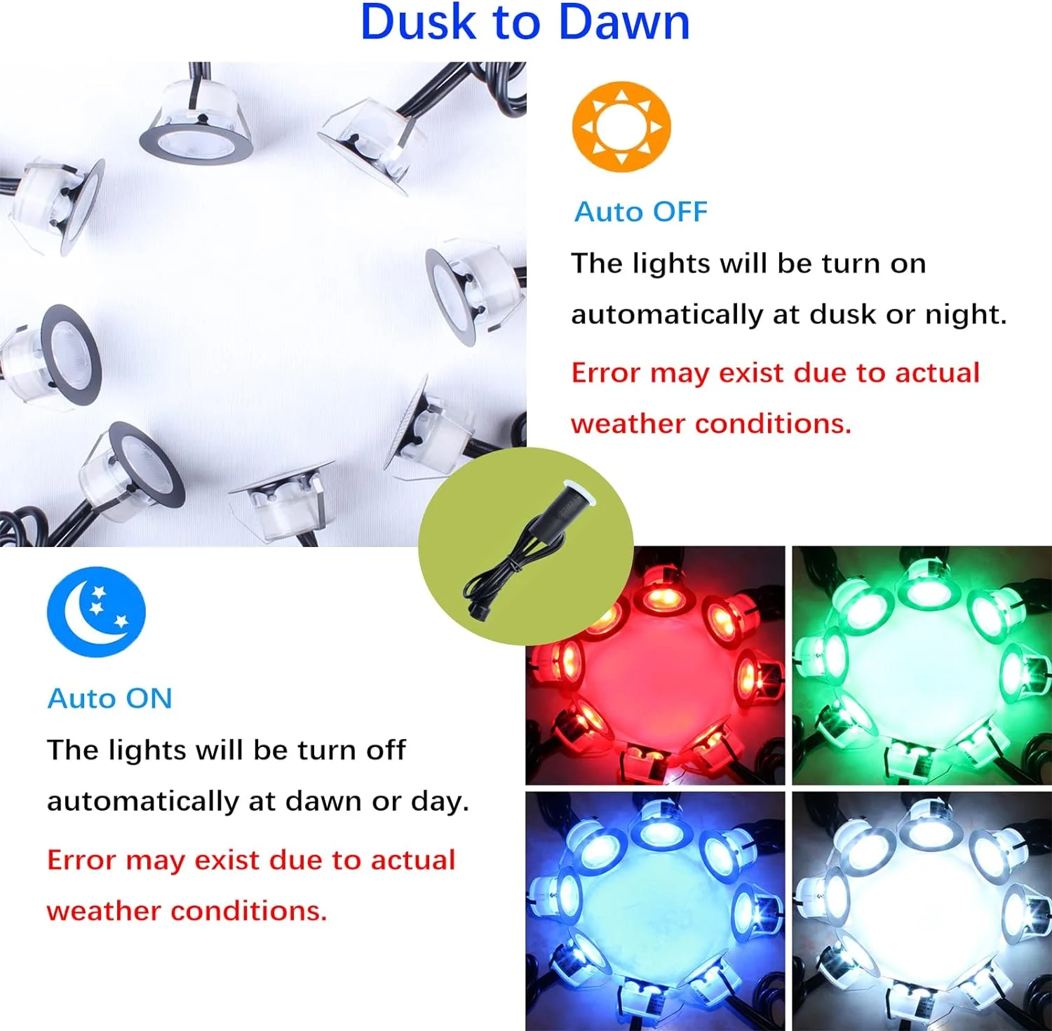 OUWI LED Outdoor Deck Lights with Photocell, RGB Φ1.77in Low Voltage 12V DC IP67 Waterproof, Remote Dimmable Multi Color Change, Electric Wired Recessed Stair Step Landscape Lighting, 8 Pack Black