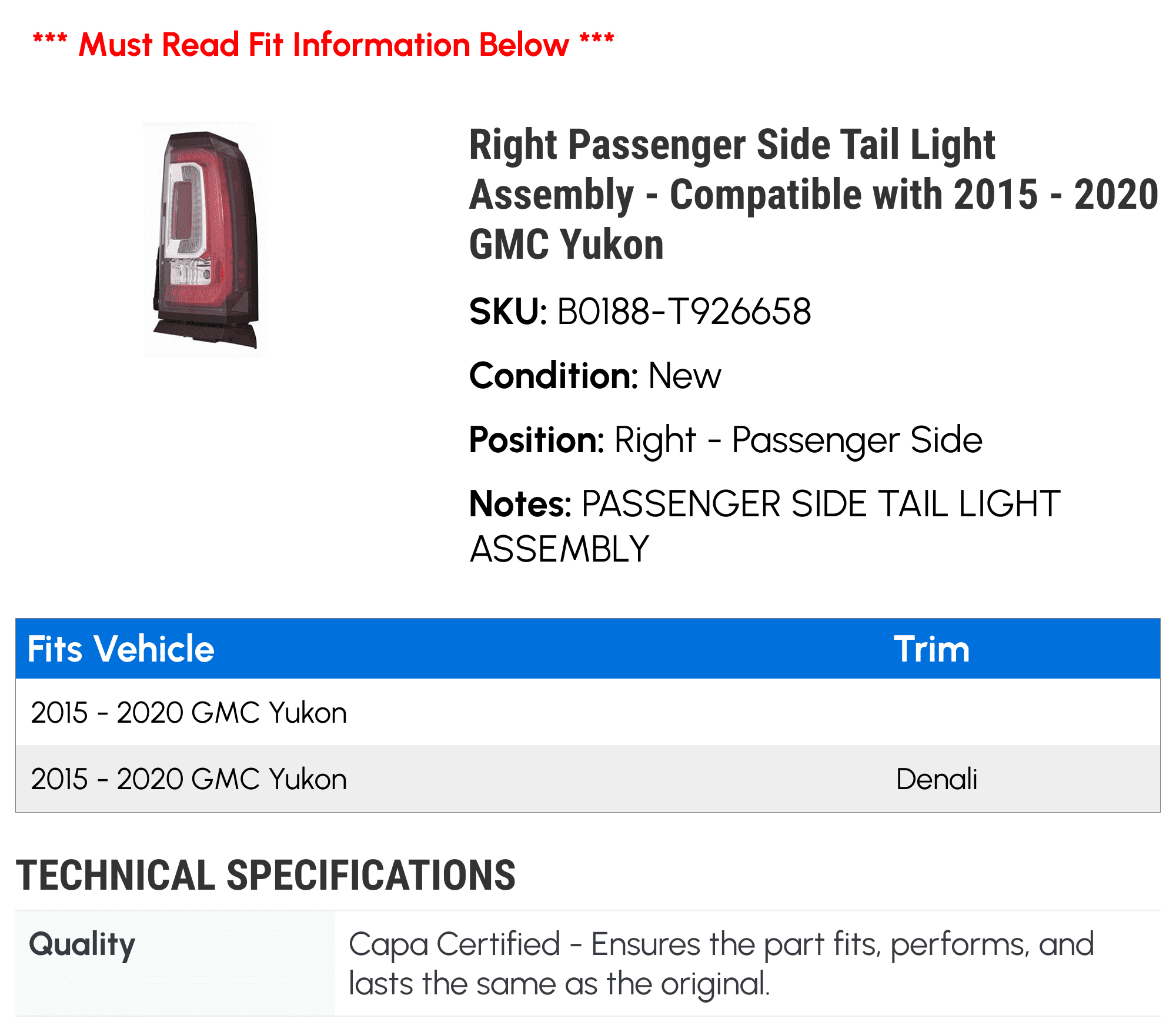 Right Passenger Side Tail Light Assembly - Compatible with 2015 - 2020 GMC Yukon 2016 2017 2018 2019