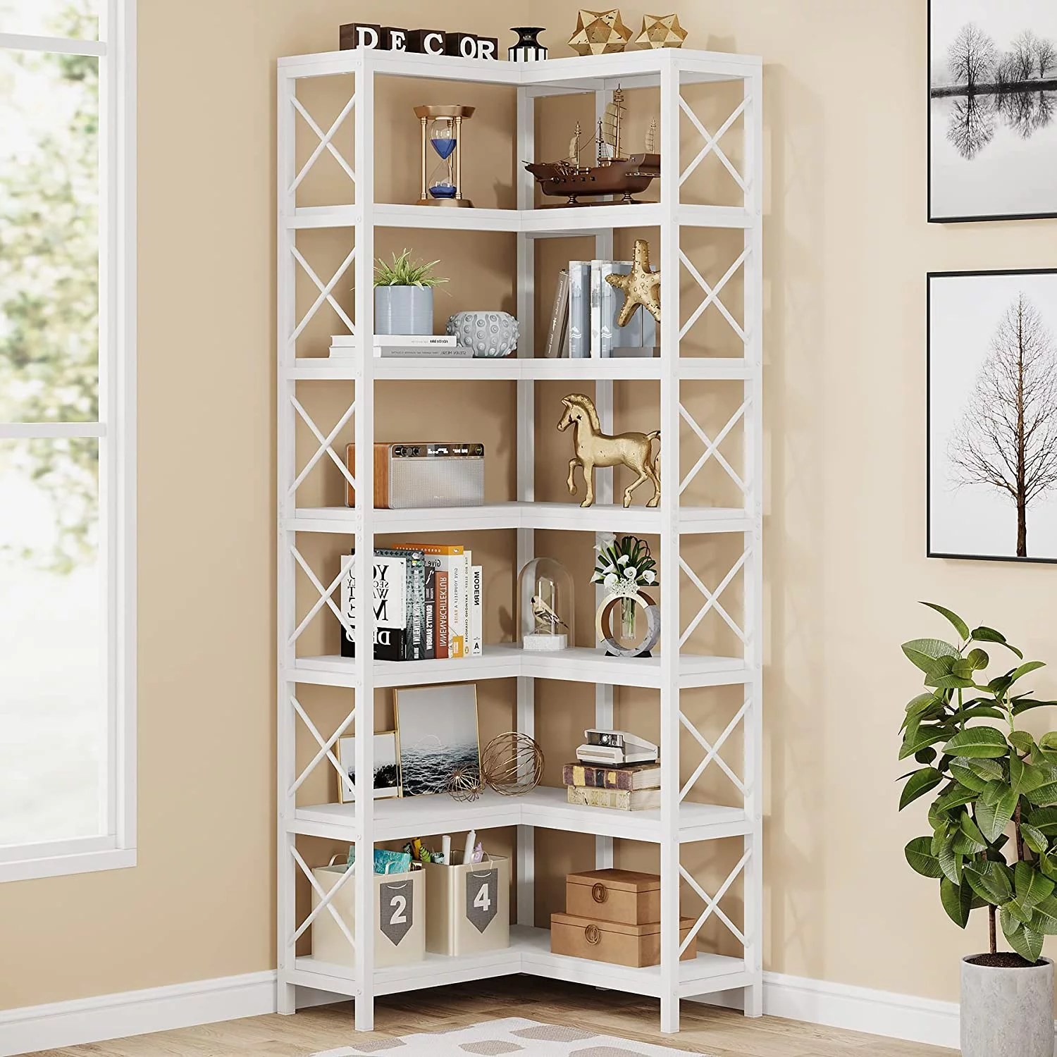 7-Shelf Corner Bookshelf,Large Modern Corner Bookcase, 7-Tier Tall Corner Shelf Storage Display Rack with Metal Frame for Living Room Home Office (White)