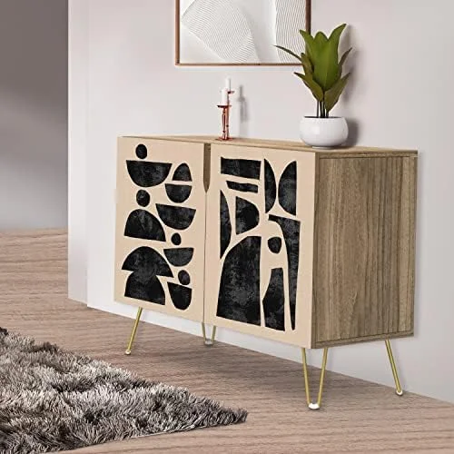HBBOOMLIFE Sideboard Buffet Cabinet  Kitchen  Cabinet with 2 Doors  Mid-Century Pastel Polygons Geometry Nordic   Cupboard Console Table for Dining Room - 35" L x 18" W x 29"