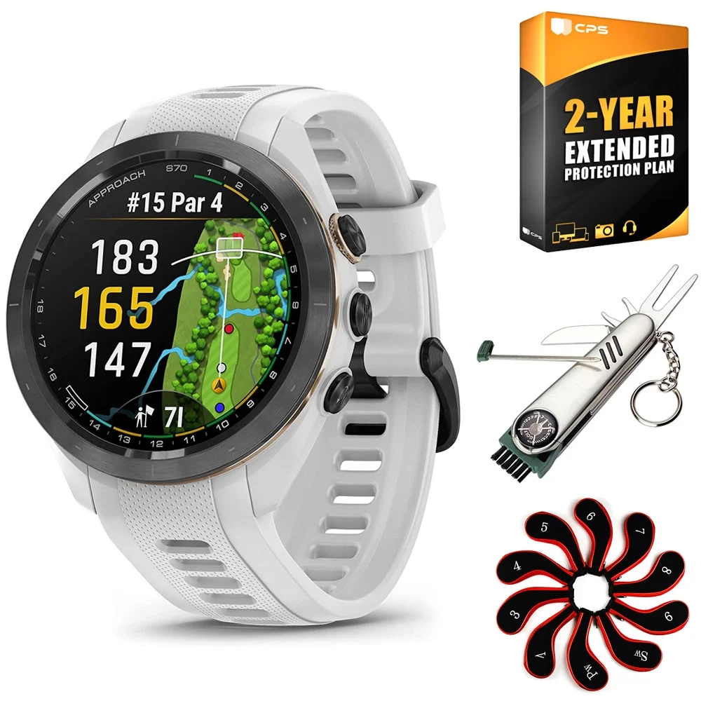 Garmin Approach S70 42 mm Premium GPS Golf Watch, White Band with 2 YR Warranty Bundle