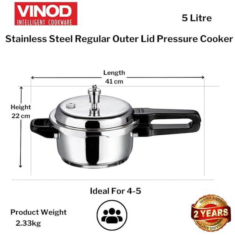 Vinod V-5L Stainless Steel Sandwich Bottom Pressure Cooker, 5-Liter,Silver,Medium