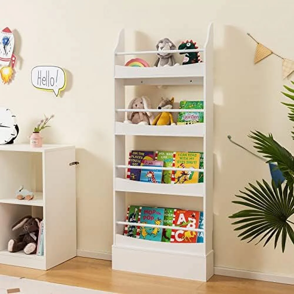 TQSBRZJ Bookshelf  4-Tier Wooden Book  Organizer for Books and Toys  Toddler Space-Saving Wall Bookcase Conner  Rack for Bedroom  Living Room  Nursery  Playroom (White)