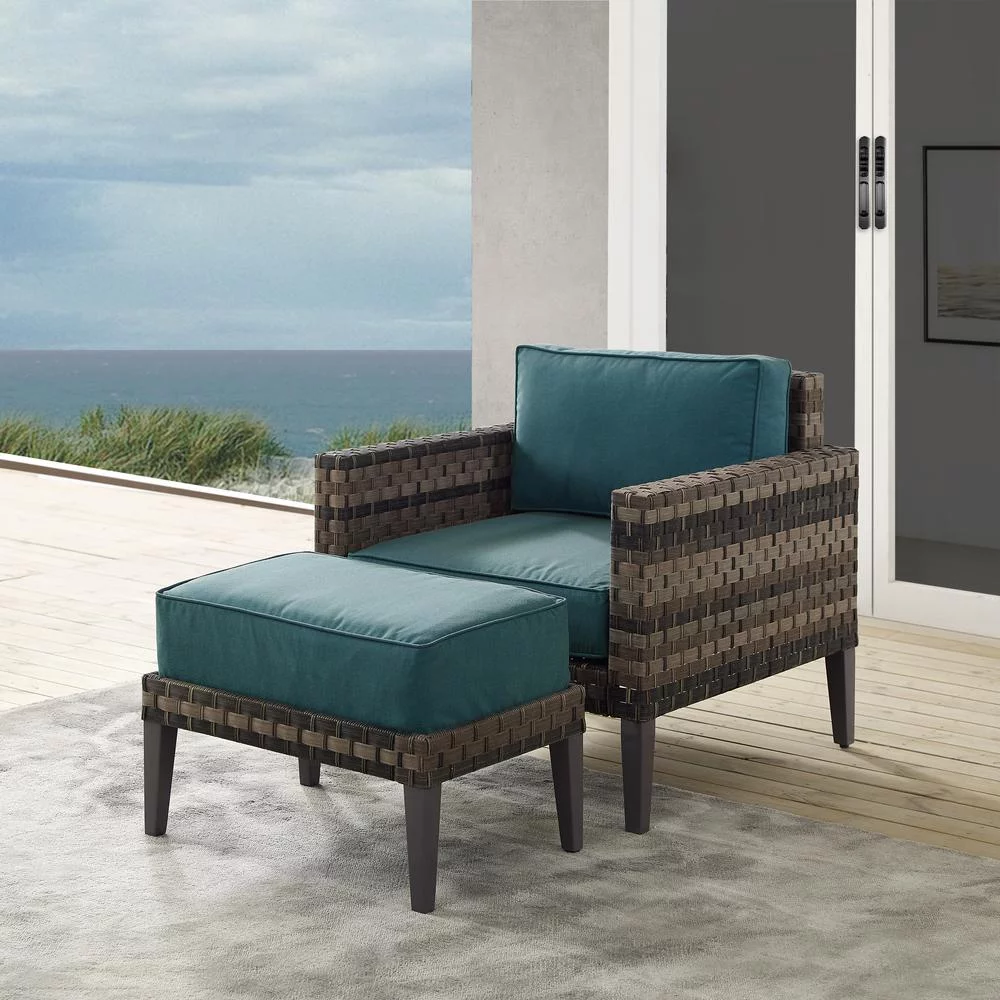 Crosley Furniture Prescott 2-PC Wicker Patio Arm Chair Set in Mineral Blue/Brown