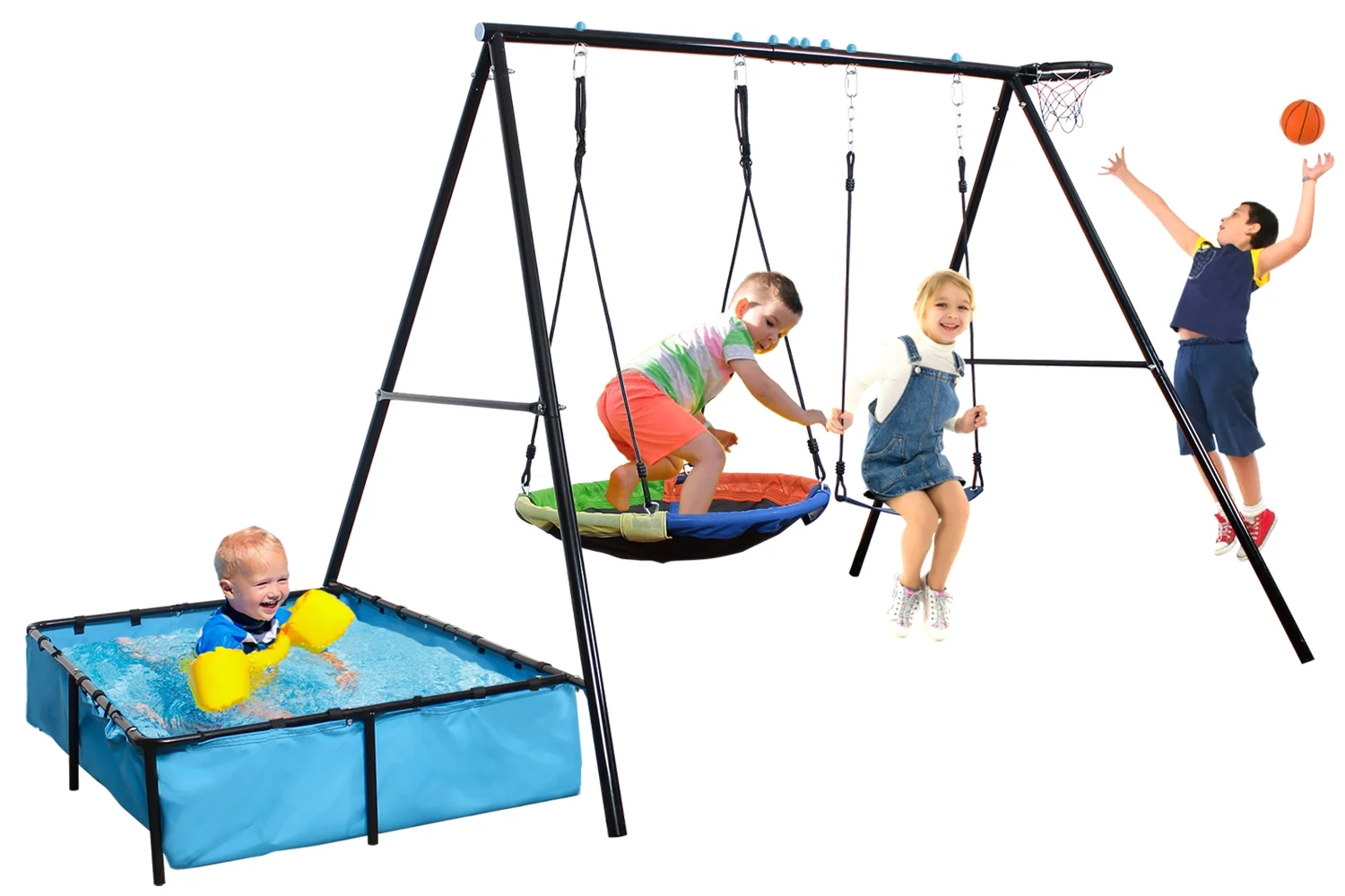 SMkidsport 5 in 1Swing Set for Backyard with Basketball Hoop, Saucer Swing,Belt Swing, Sandbox, Swimming Pool for Kids Outdoor Playing Structure, Playground Swing Set
