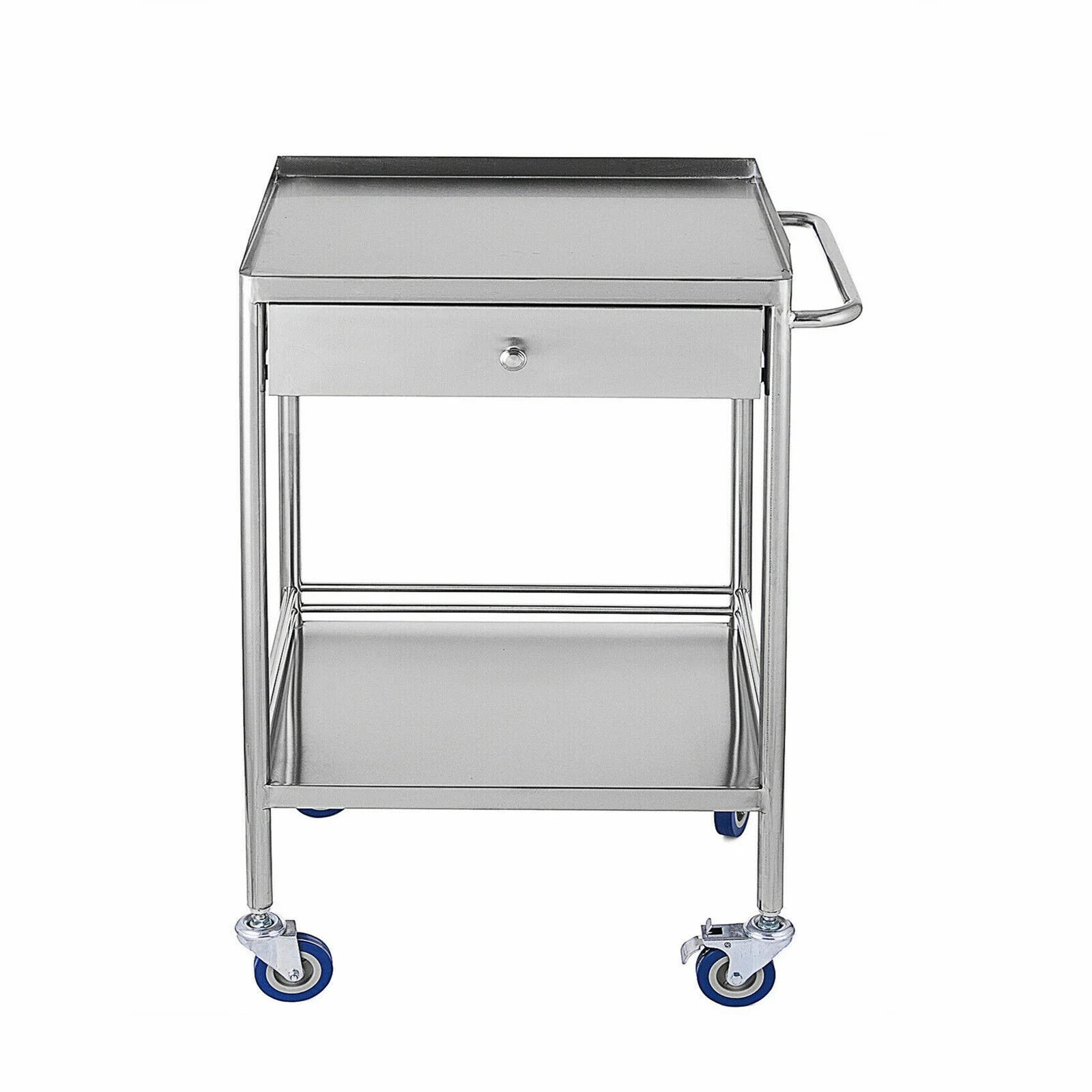 Miumaeov 2 Layer Medical Hospital Lab Emergency Rolling Trolley Single Drawer Mobile Stainless Steel Serving Cart Stand with Wheels