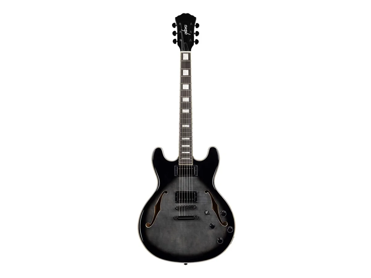 Monoprice Indio Boardwalk Flamed Maple Hollow Body Electric Guitar - Charcoal, With Gig Bag