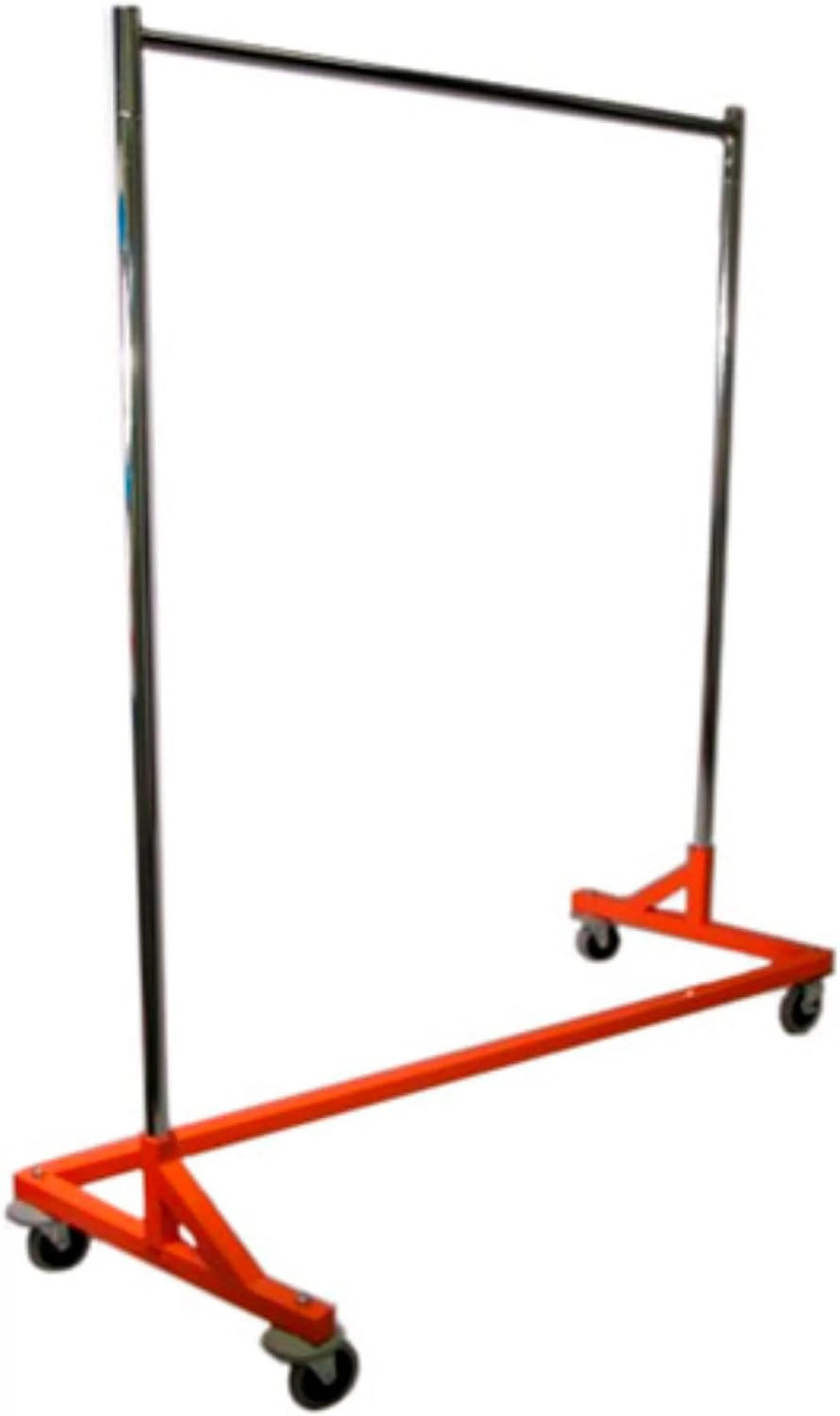 Deluxe Grade Rolling Z Rack Garment Rack With Nesting OSHA Safety Orange Base, 400Lb Capacity, Single Bar And Adjustable Height Chrome Uprights