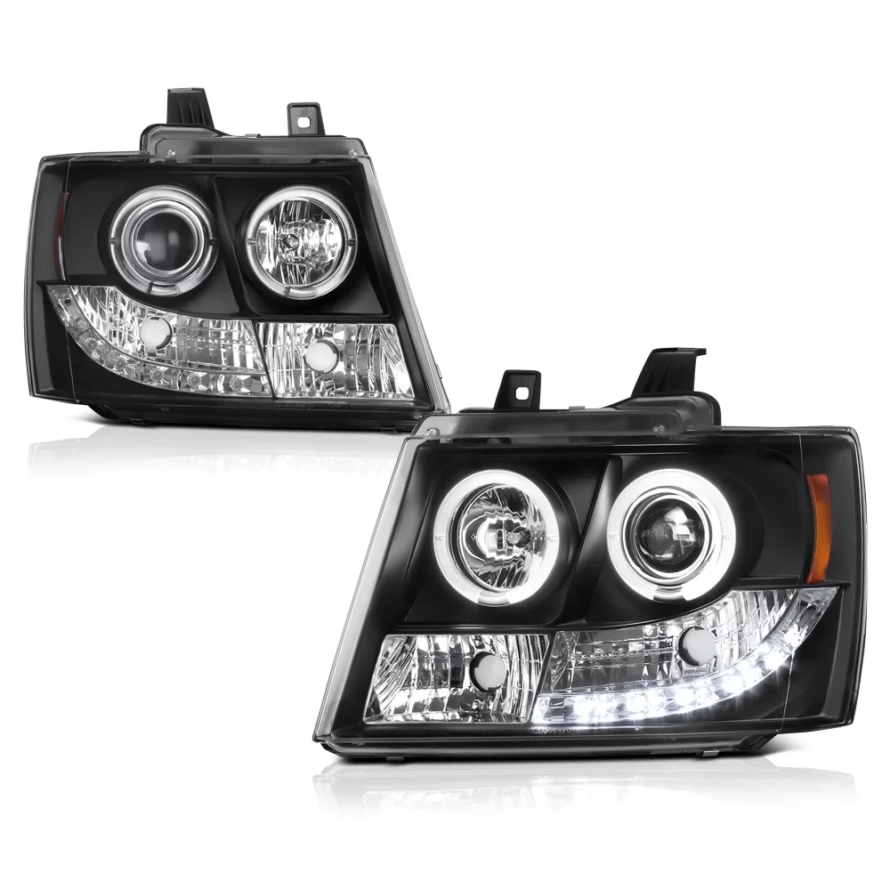 [For 2007-2014 Chevy Avalanche Tahoe Suburban 1500 2500] LED Halo Ring Projector Headlight Headlamp Assembly, Driver & Passenger Side
