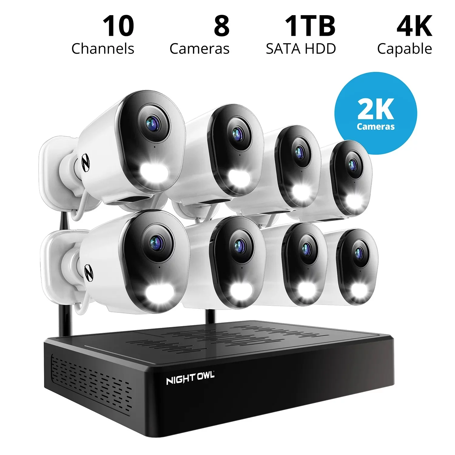 Night Owl 10 Channel 4K Wi-Fi NVR Security System with 1TB Hard Drive and 8 Wi-Fi IP 2K Deterrence Cameras with 2-Way Audio