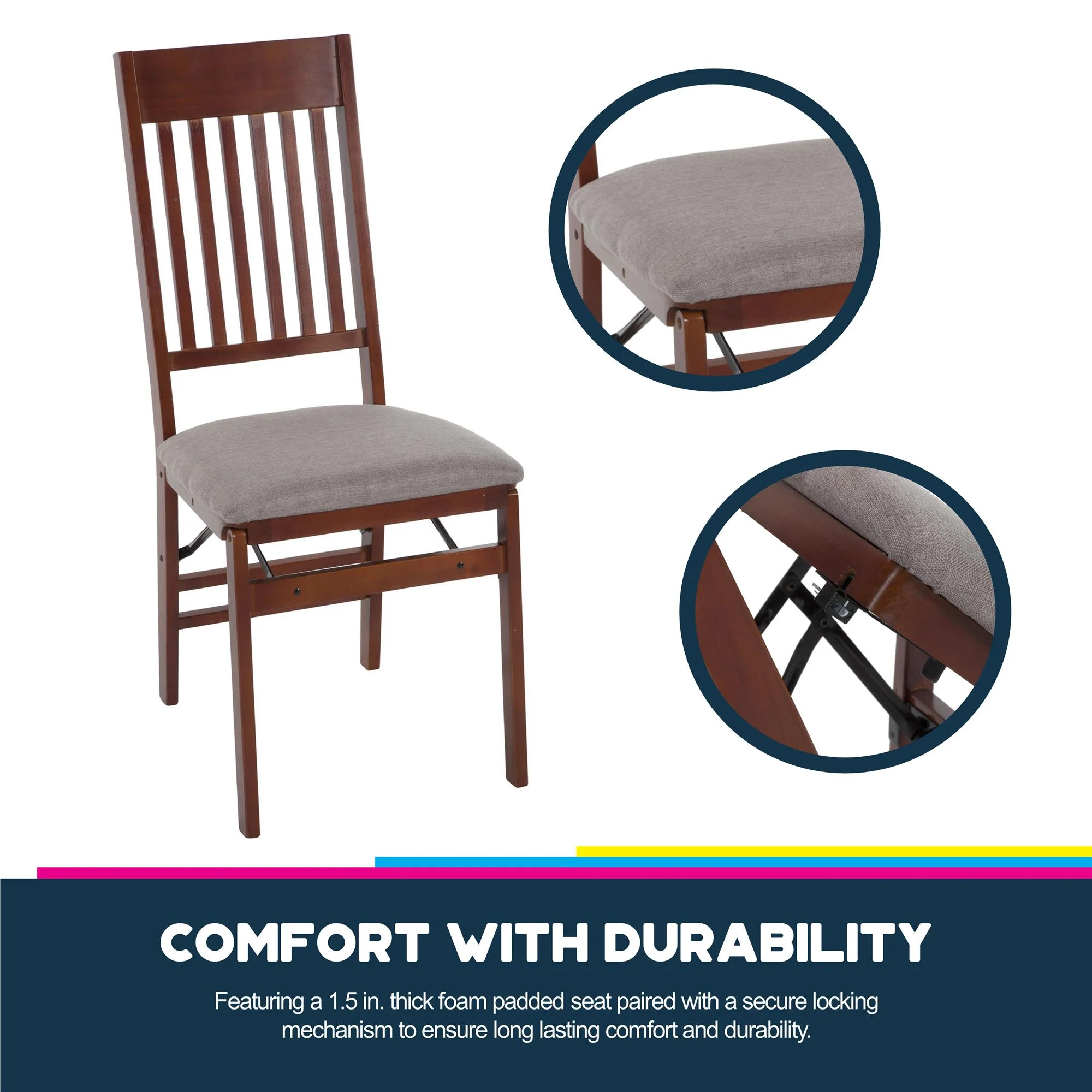 Queer Eye Oliver Mission Back Wood Folding Chair with Fabric Seat, Walnut Brown, 2-Pack