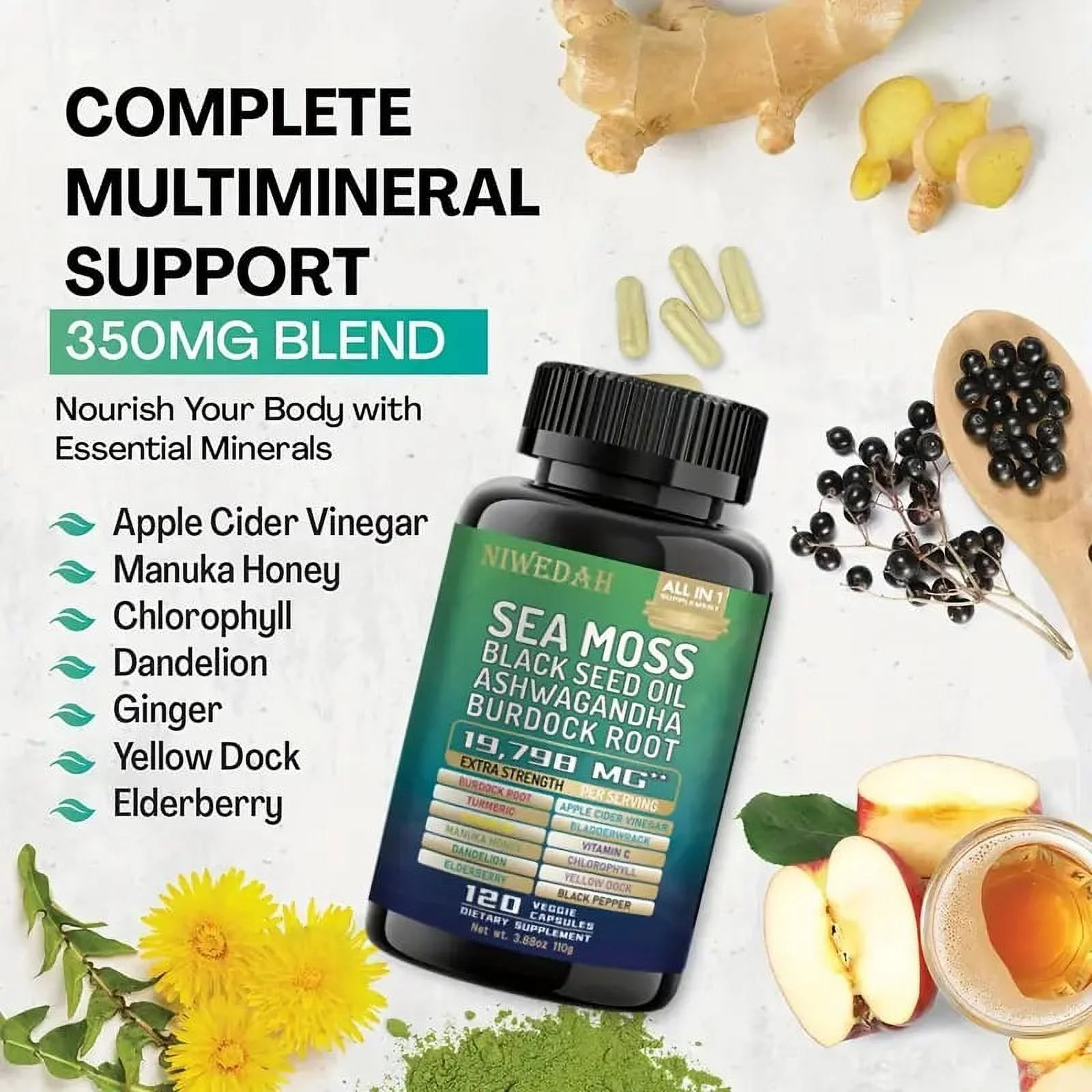 NIWEDAH Sea Moss Capsules with Black Seed Oil, Ashwagandha & Burdock Root - 120 Count, All-in-1 Superfood Supplement for Digestion & Detox, Immune Support, 19798mg Per Serving 2-Month Supply