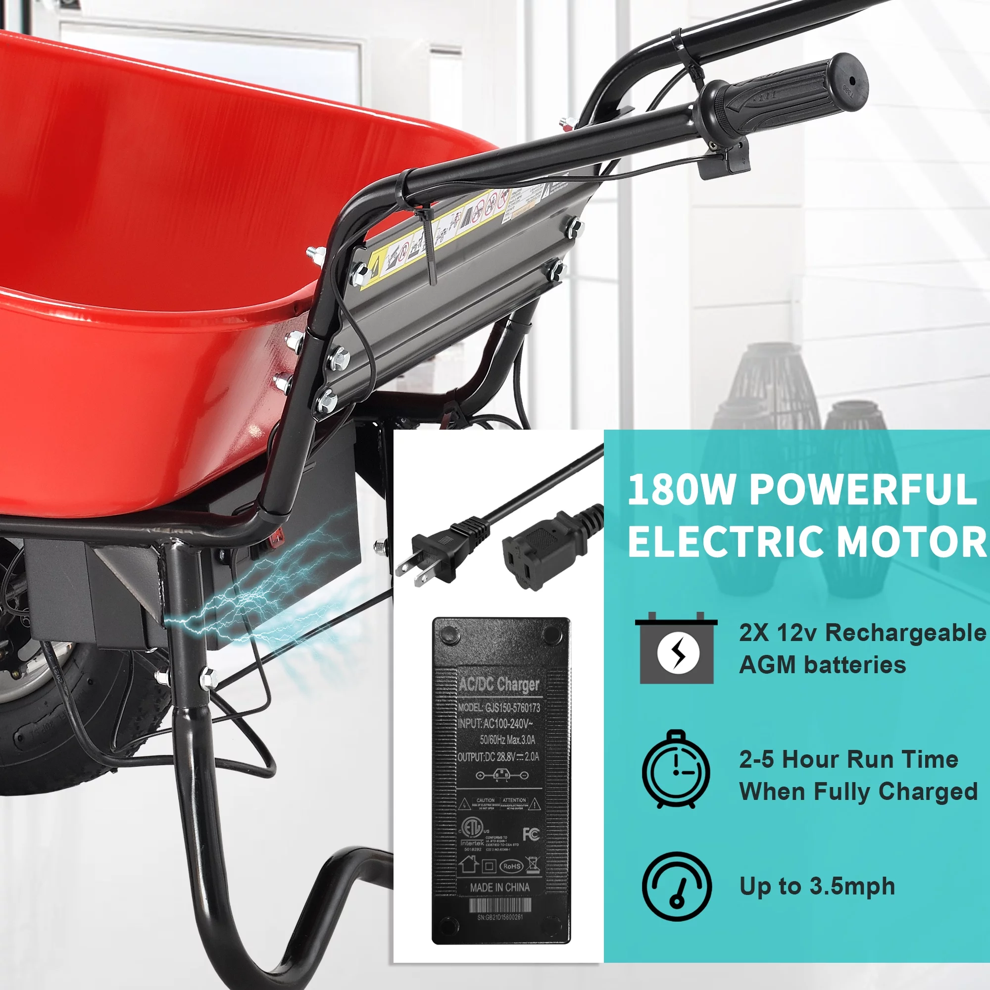 CoSoTower Wheelbarrow Utility Cart Electric Powered 24V Dc 180W Agm Battery 330Lbs (150Kgs) Max Capacity Barrel Dump Material Debris Hauler