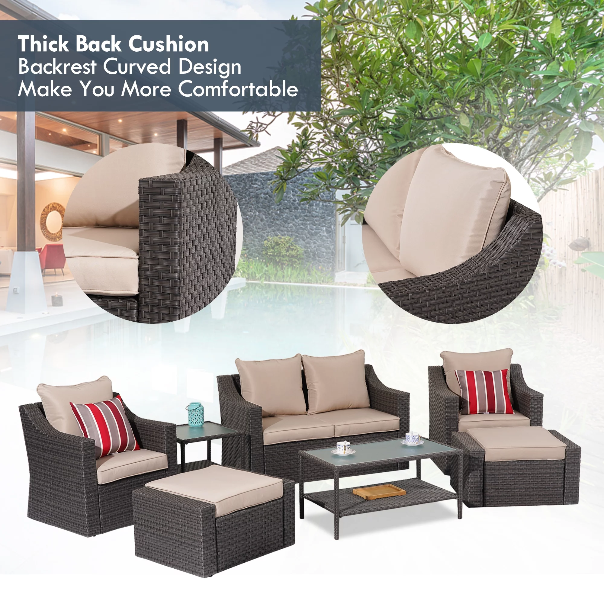 Superjoe 7 Pcs Outdoor Patio Furniture Sets All-Weather PE Rattan Wicker Sectional Sofa with Coffee Table, Brown