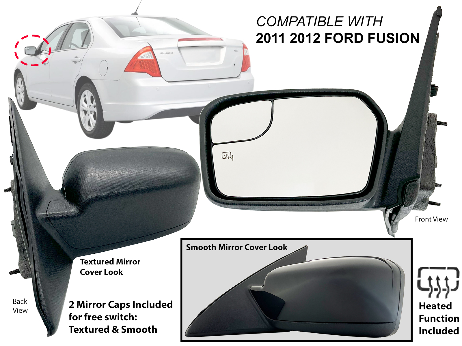 APA Replacement for Exterior Rear View Mirror Assembly 2011 2012 FUSION Power Heated with Spotter Glass Driver Left Side BE5Z17683 CA FO1320421 FO1320422