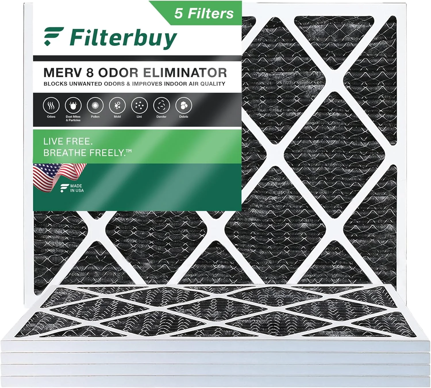 Filterbuy 20x25x1 MERV 8 Odor Eliminator Pleated HVAC AC Furnace Air Filters with Activated Carbon (5-Pack)