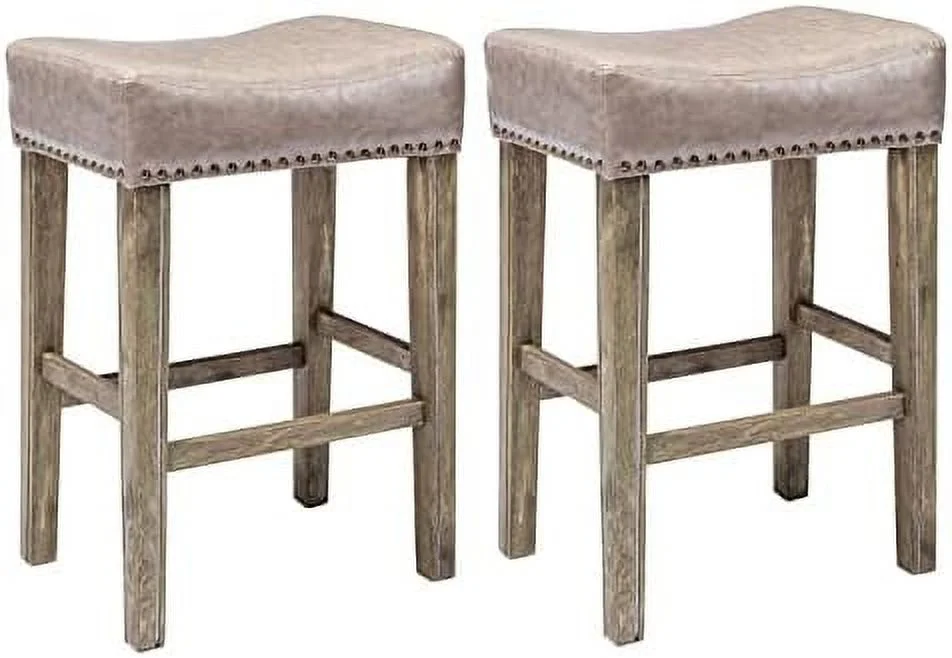 CGFHYP Counter Height  Stools Set of 4 with Saddle Seat Backless  Stool for Kitchen Island Pu Leather  Chair with Nail Head Wood Leg Footrest for Home Kitchen Pub Restaurant 26" Grey