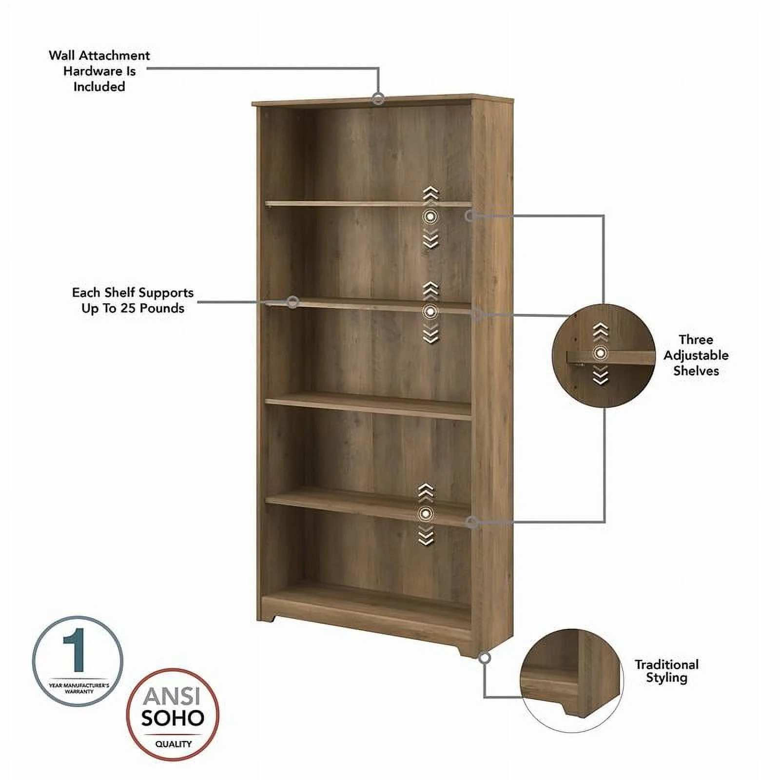 Home Square 2 Piece Engineered Wood Tall Bookcase Set in Reclaimed Pine