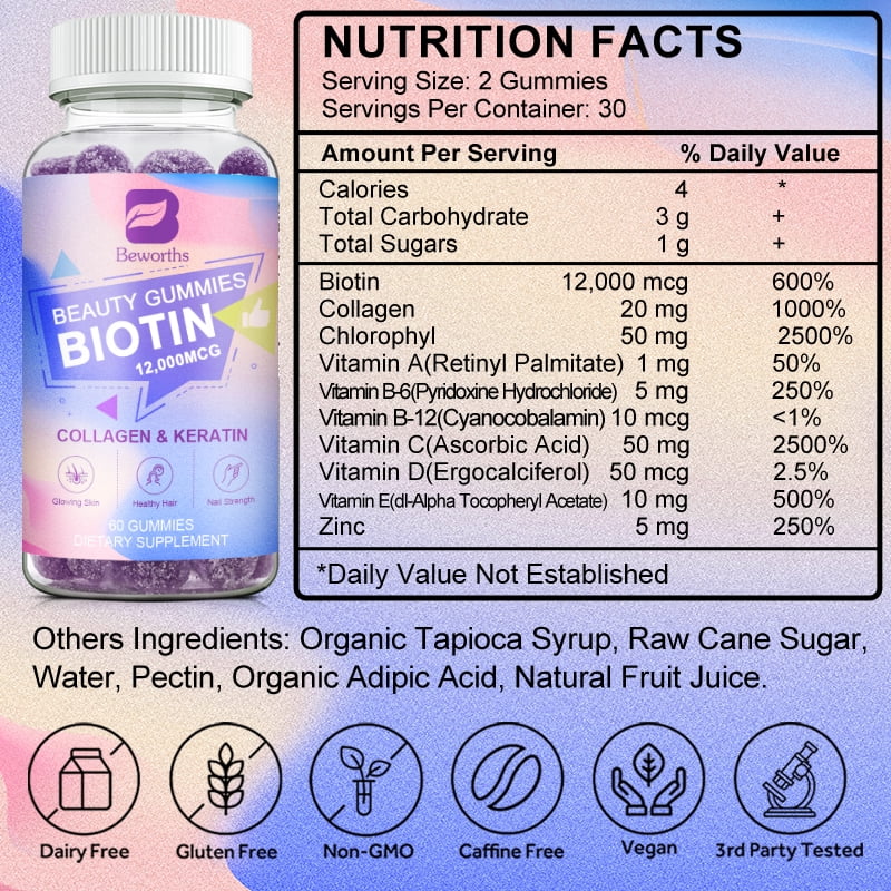 Biotin Gummies 12000mcg 60 Ct - for Healthy Hair, Skin & Nails Vitamins for Women, Men -with Biotin, Collagen, Keratin, Chlorophyll, Zinc and Vitamin - Hair Health Supplement