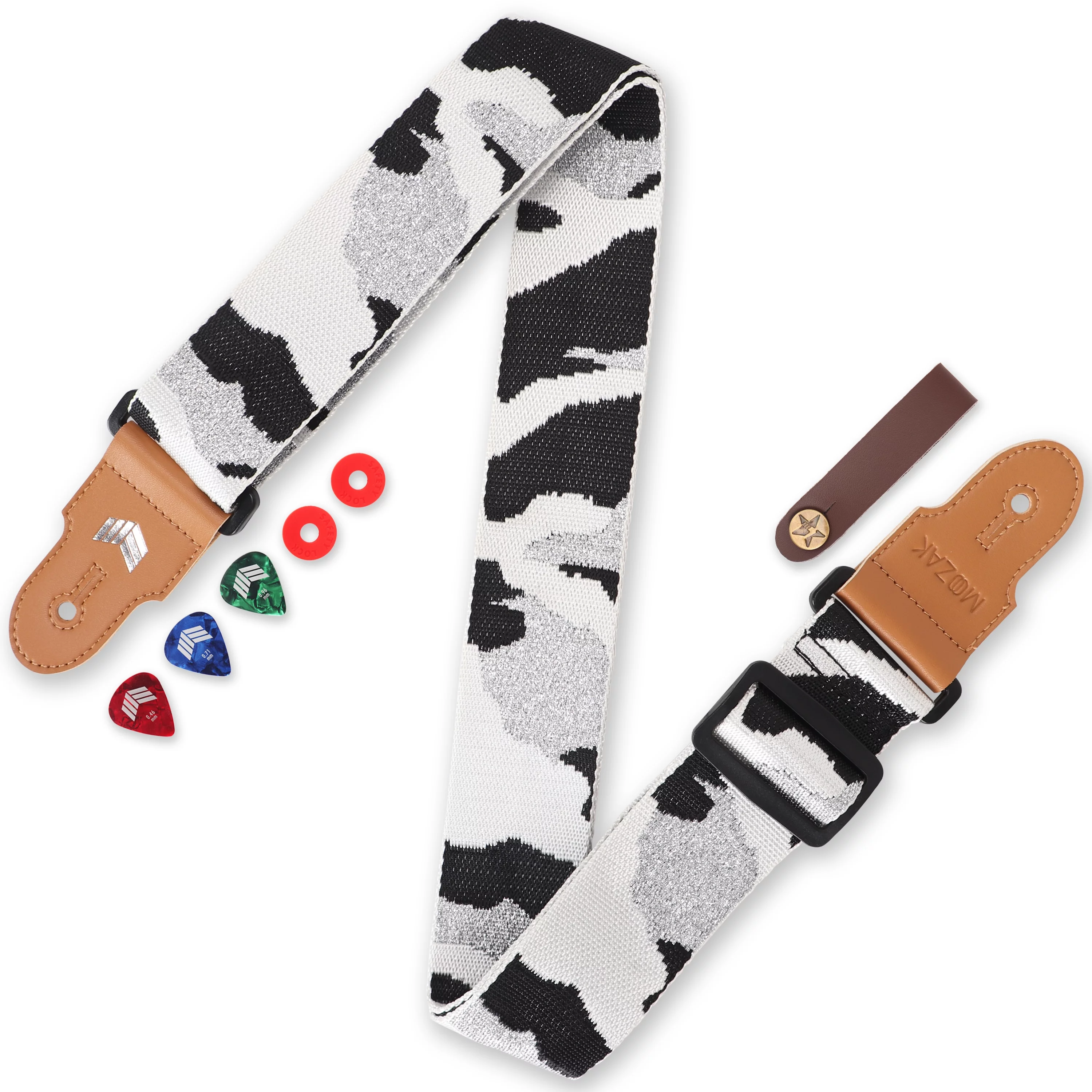 MOOZAK Guitar Strap Set Including 2 Strap Locks, 3 Picks and 1 Strap Headstock Tie (Black White)