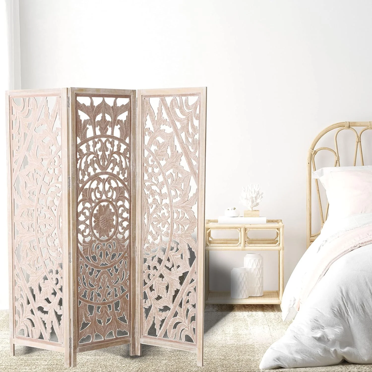 Daisy Mandala Room Divider, Carved Floral Motifs, 3 Panels, Natural Mango, White Wash, Distressed Finish, Wood Frame, Approx. 6 Feet Tall, (71.5 Inches)