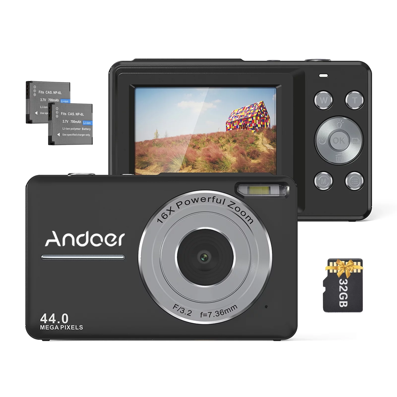 Andoer Portable 1080P Digital  Video Camcorder 44MP Auto Focus 2.5 IPS Screen 16X Digital Zoom -shake Face Detect Smile Capture with 32GB Memory  2pcs Batteries Christmas Gift for  Teens