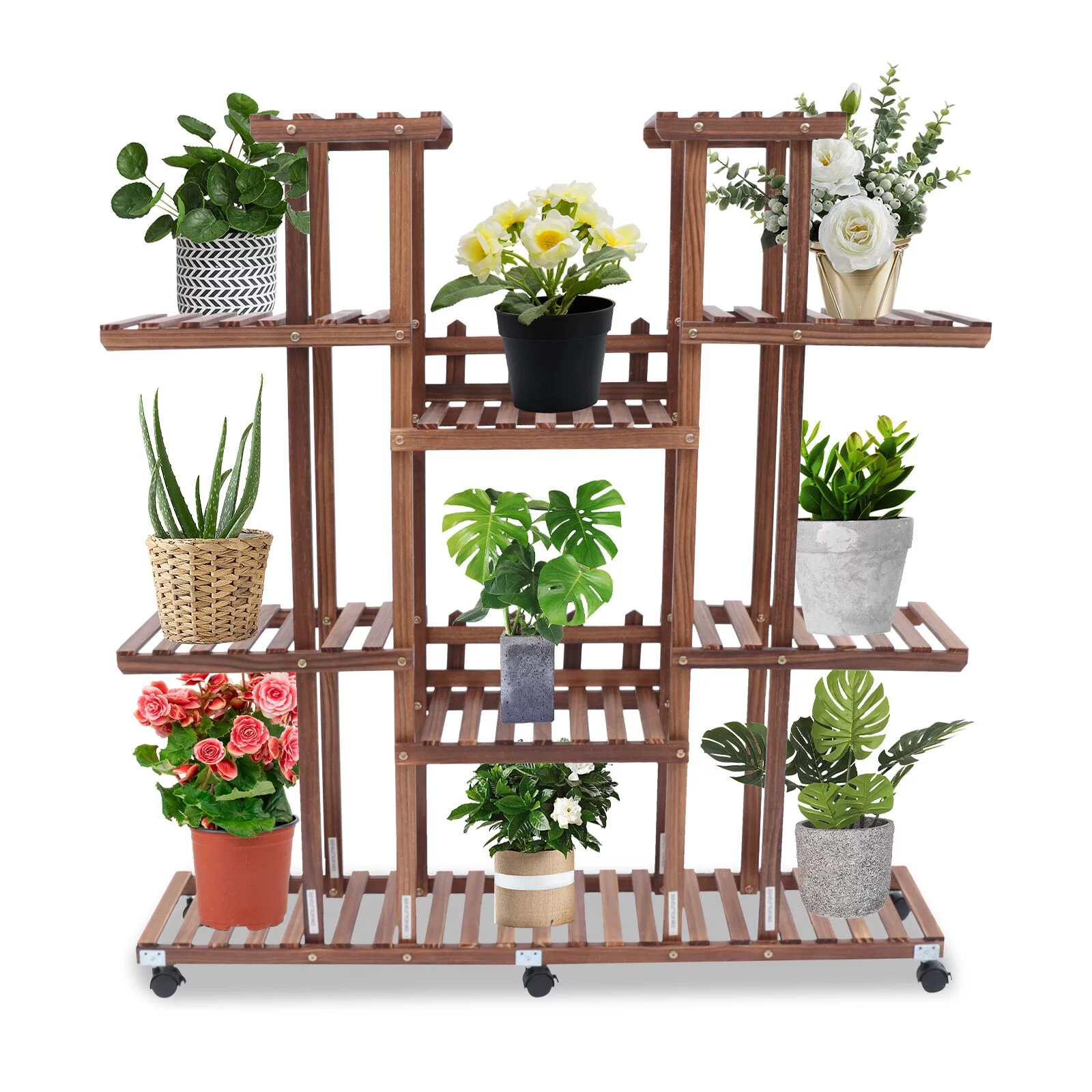 Loyalheartdy Movable Plant Stand, 9 Tier 17 Potted Wooden Flower Holder Rolling Tiered Plant Rack Display Shelf w/Detachable Wheel