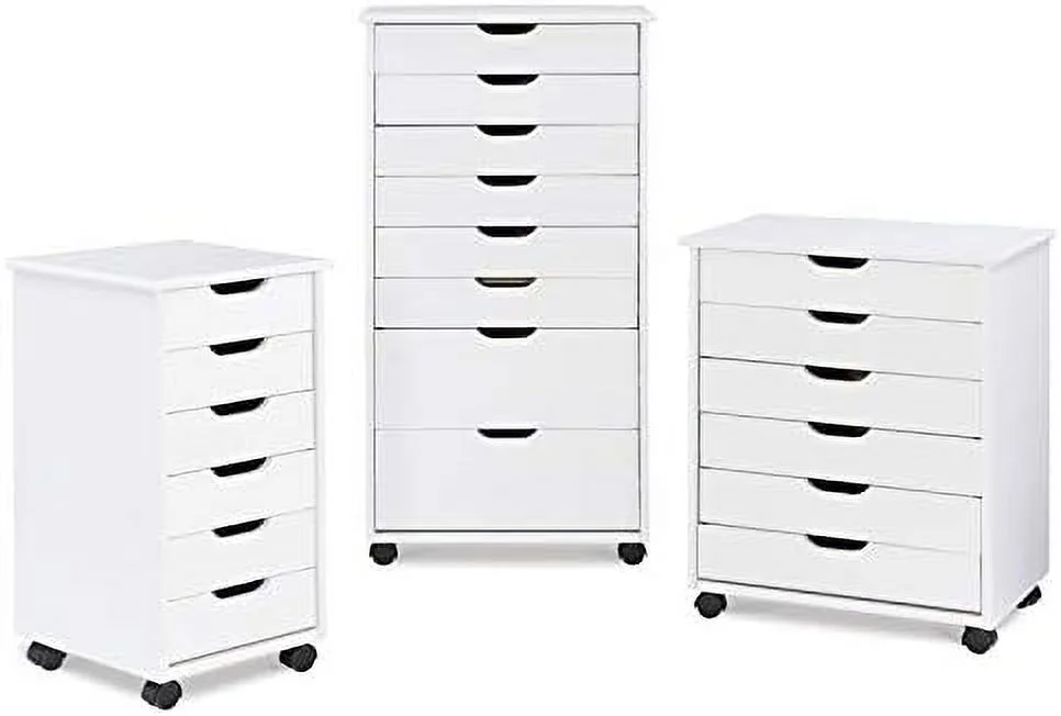CHTYVC Six Drawer Wood Rolling  Cart in White Wash