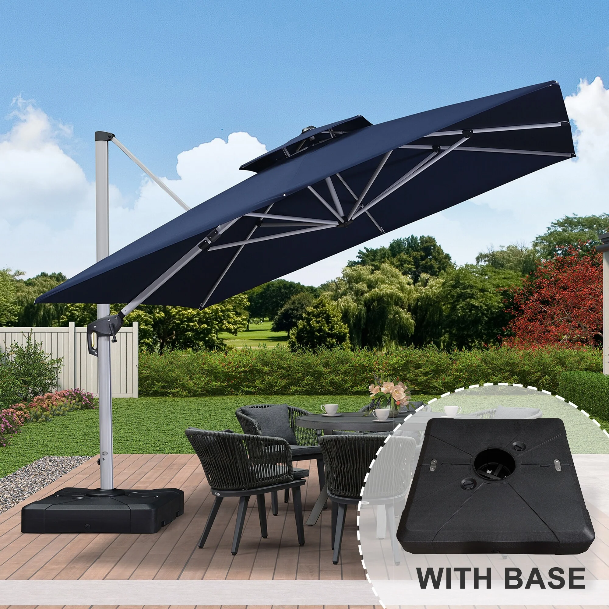 PURPLE LEAF  11ft Square Patio Cantilever Umbrella with Base Navy Blue