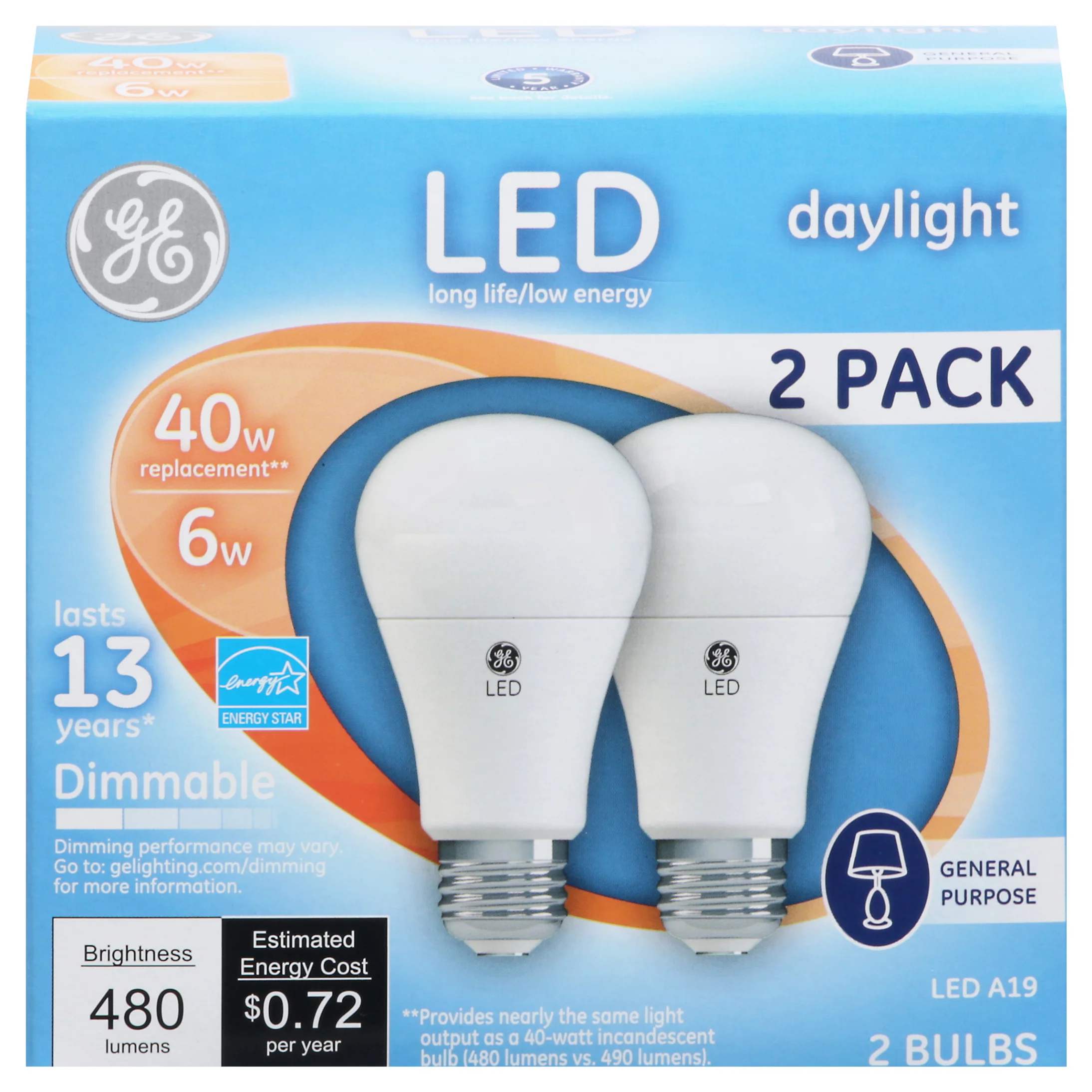 Ge Lighting 67590 6 Watt E26 A19 Daylight Led Dimmable Light Bulb 2 Pack
