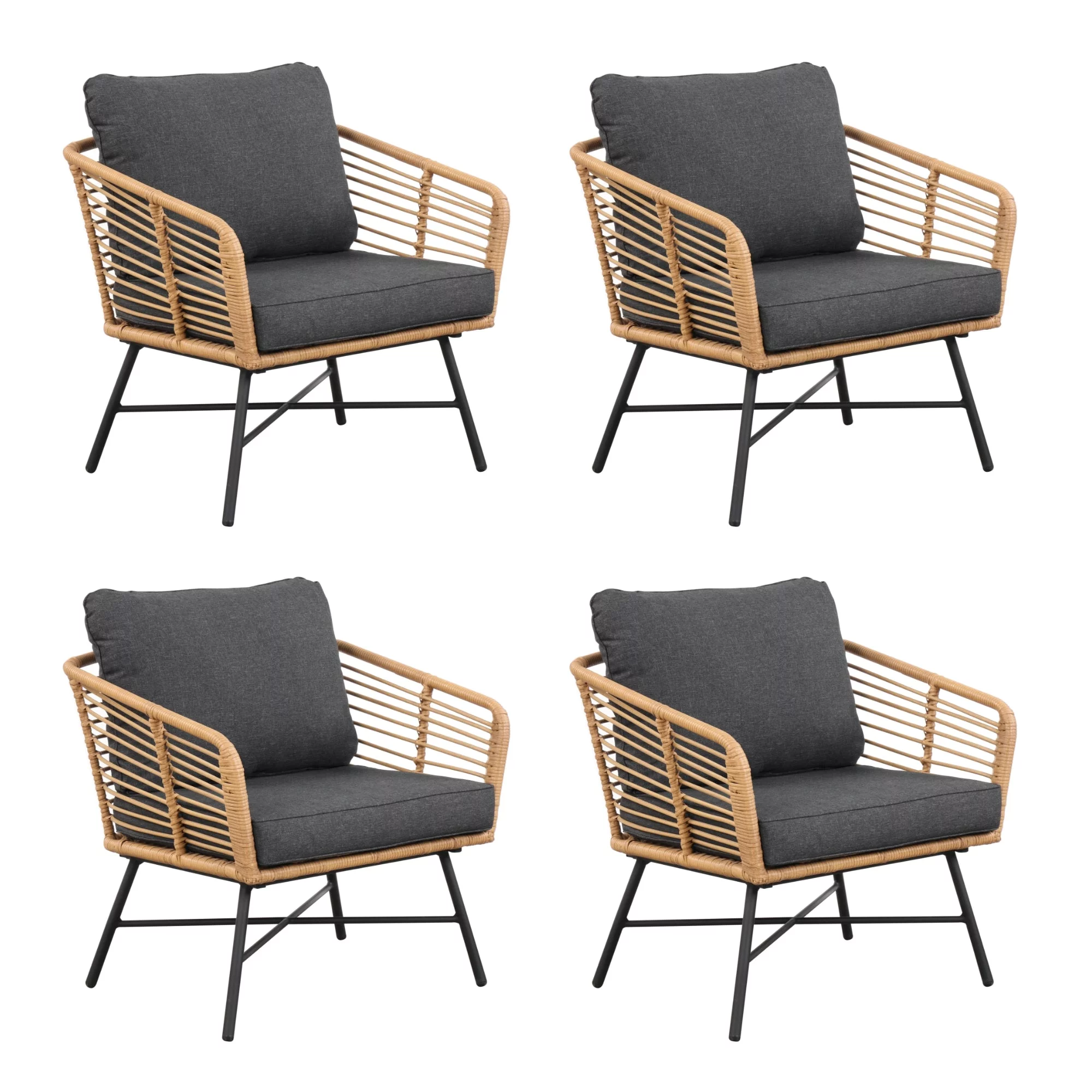 Nathan James Flow Bohemian Rattan Wicker Chair, Upholstered Outdoor Chair Set for Patio or Porch, Set of 4, Rattan/Dark Gray