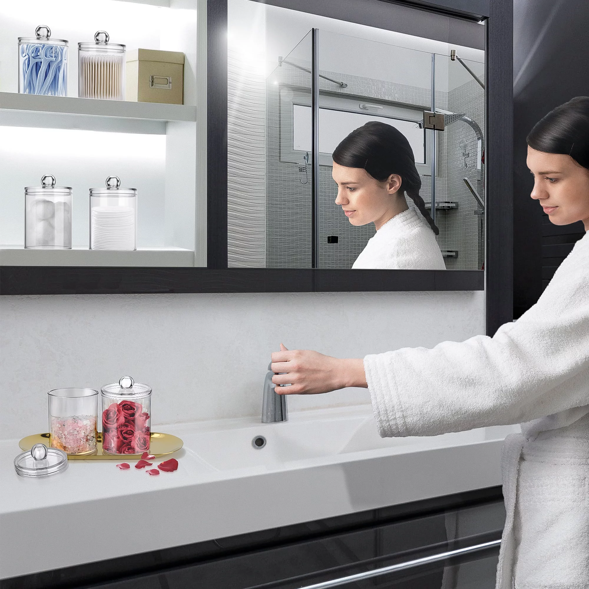 WeGuard Qtips Holder Bathroom Container, 10/7 OZ Cotton Ball/Swabs Dispenser, Apothecary Jar Organizer with Lids