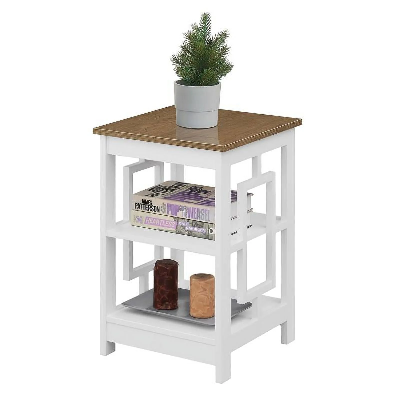 Pemberly Row End Table with Shelves in White Wood with Driftwood Top Finish
