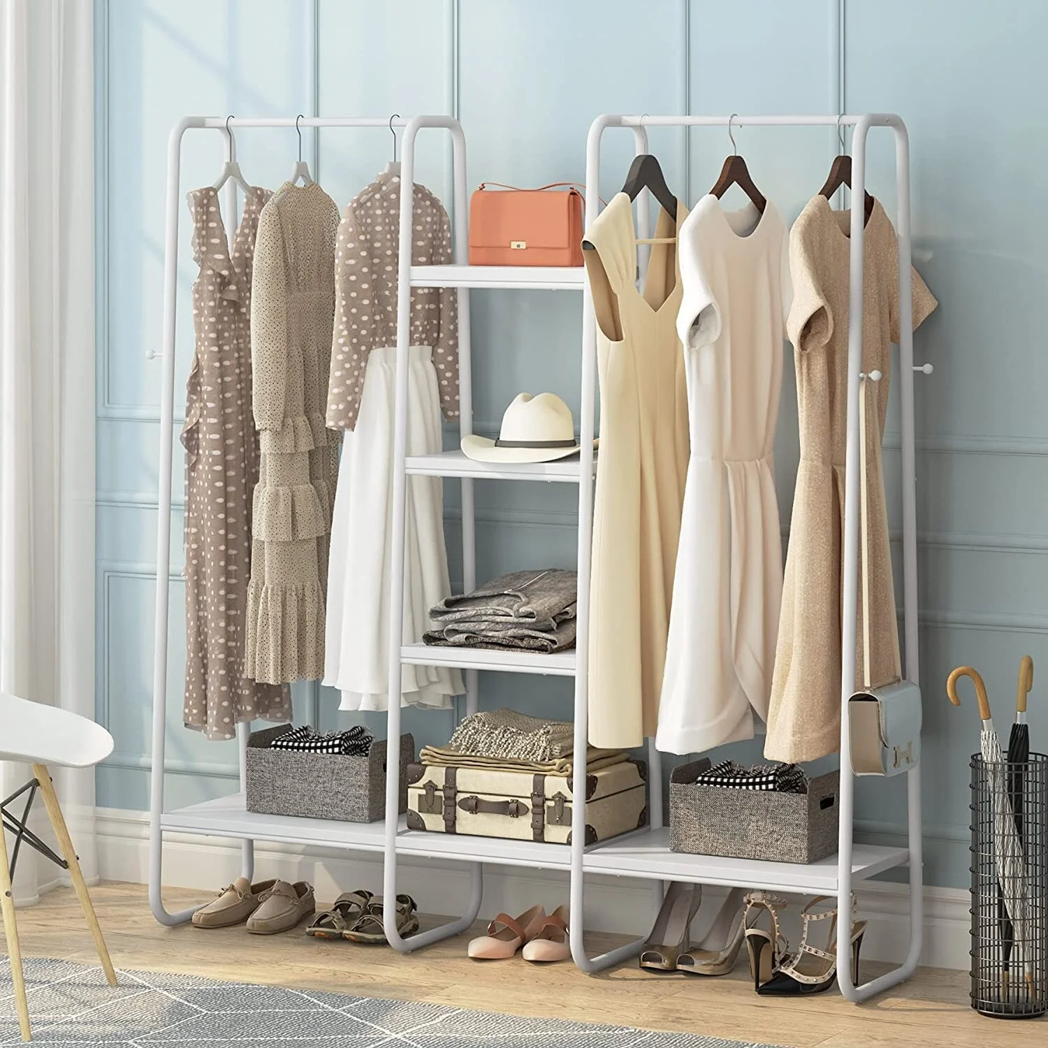 Freestanding Garment Rack with Double Rods and Storage Shelves Rustic Brown