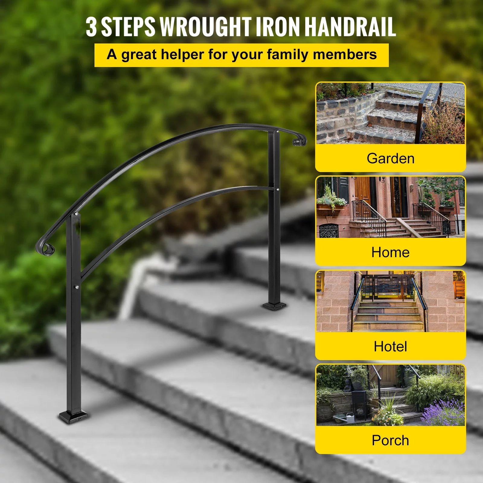BENTISM 3FT Angle Adjustable Iron Handrail Black Fit 2 or 3 Steps Handrail Brick